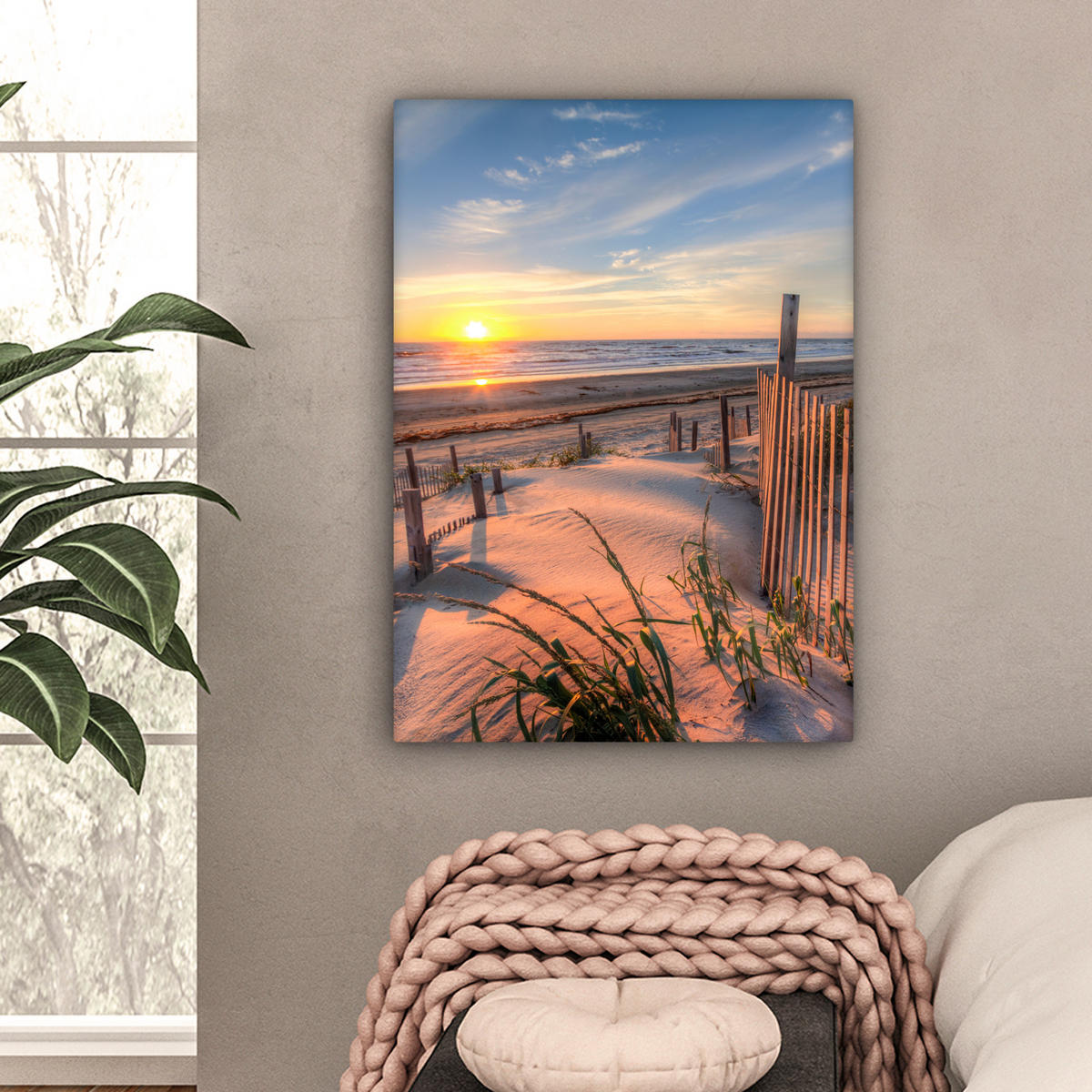 LEINWANDBILD Strand - Meer - Düne - Sonnenuntergang - Landschaft Wandbild Wohnzimmer 60x80 cm - Beige, Textil (60/80cm) - MuchoWow