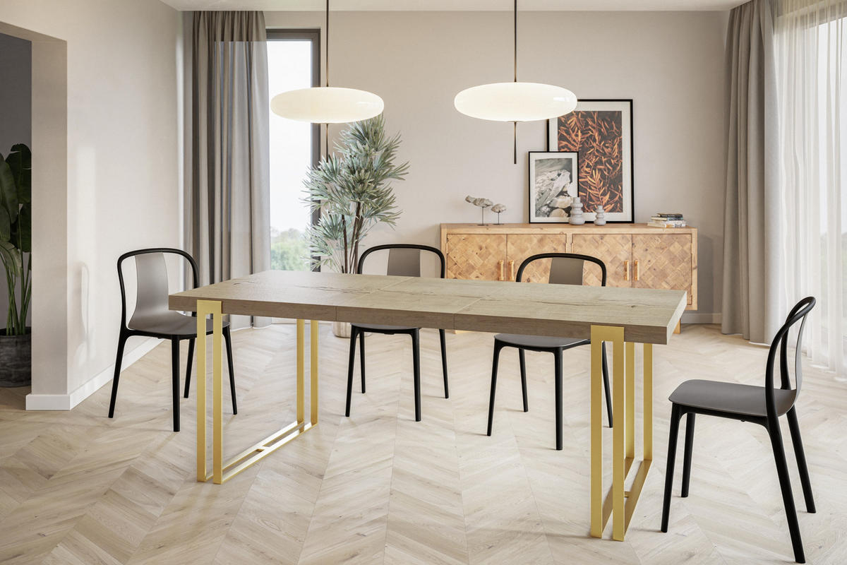 ESSZIMMERTISCH ROSA, ausziehbarer Tisch 120-220X80X77 cm, Farbe: HALIFAX, mit Metallbeinen in Farbe Gold - Goldfarben/Naturfarben, Holzwerkstoff (120/80/77cm) - Alpi-Möbel