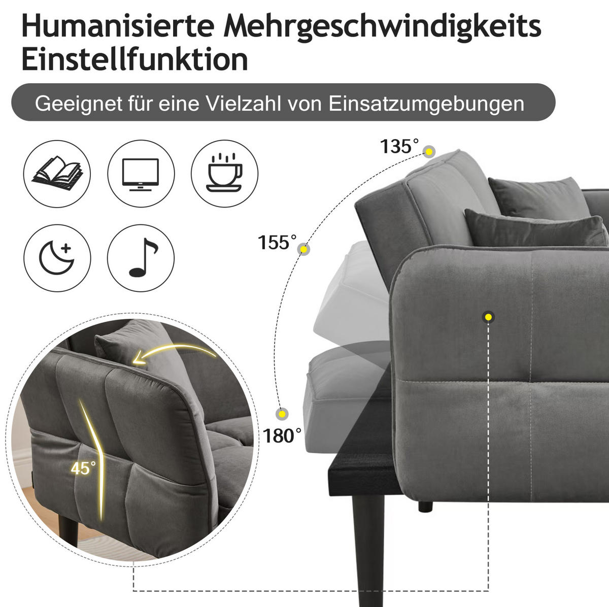 SCHLAFSOFA Samtbezug mit verstellbaren Rückenlehnen und klappbaren Armlehnen Antikgrau 176/78/76 cm - Grau, Textil (78/76/176cm) - Redom