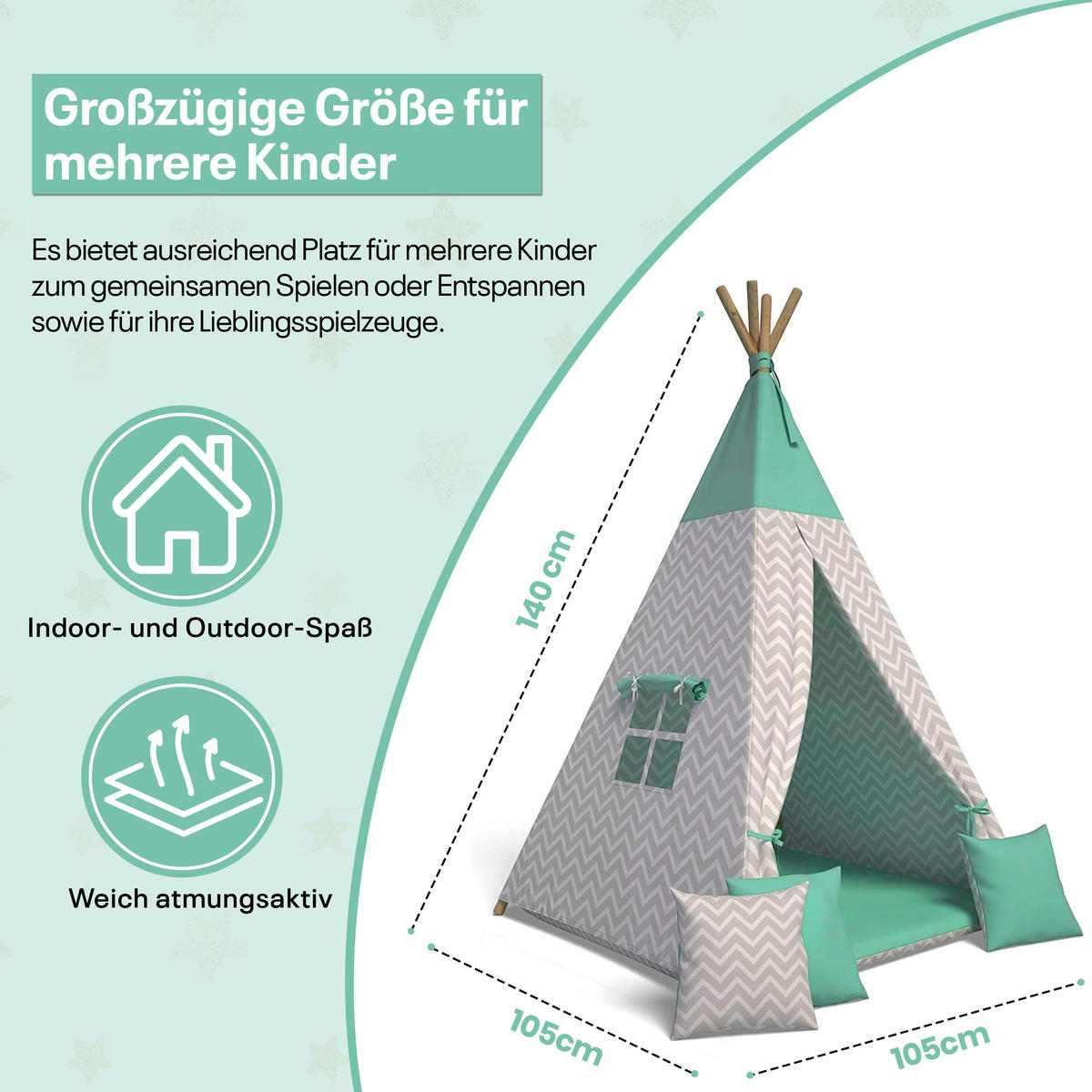 TIPI-ZELT 105 x 105 x 140 cm Zickzack grün mit weichen Kissen | Spielzelt für Kinderzimmer Indoor - Grün, Textil (105/105cm) - Best for Kids
