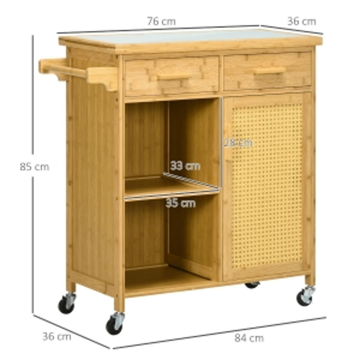 KÜCHENINSEL Servierwagen mit Schublade und Schrank, MIT GLASPLATTE, 84/36/85 cm - Naturfarben, Holzwerkstoff (36/85/84cm) - Rolipo