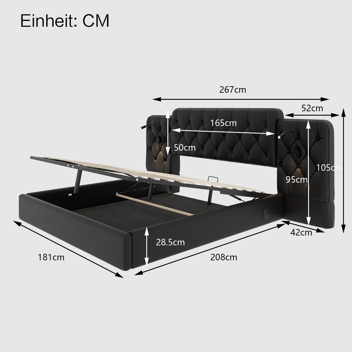 BOXBETT Polsterbett 180x200cm mit Bettkasten & Lattenrost, Kunstleder Doppelbett mit Leselampe, USB, Verlängertes Kopfteil, Schwarz - Schwarz, Holz/Textil (180/200cm) - LVHOM