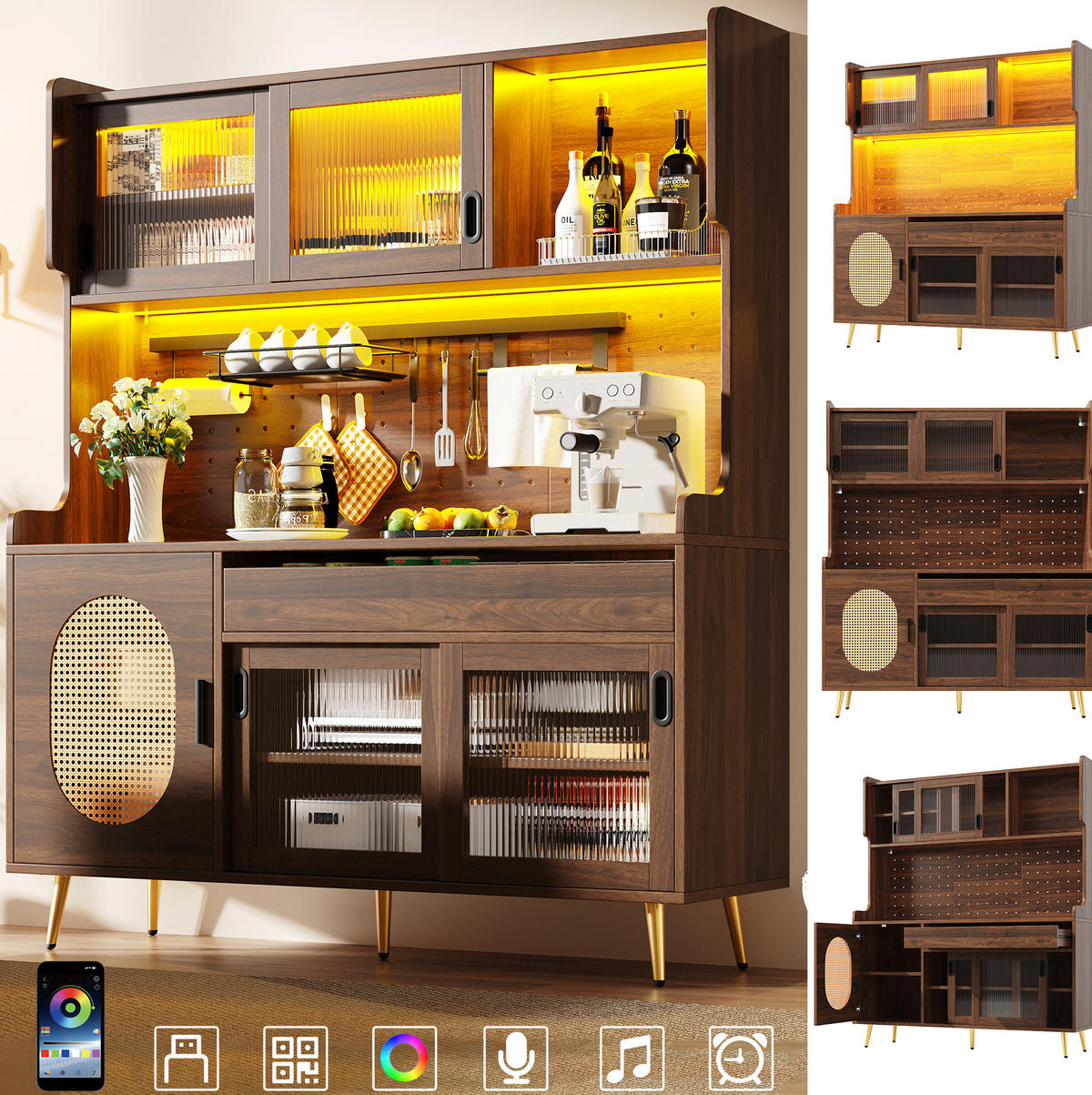 BUFFETSCHRANK mit LED-Lichtleiste 145 x 39 x 171 cm MDF Braun - Braun, Holzwerkstoff (39/171/145cm) - Meubliv