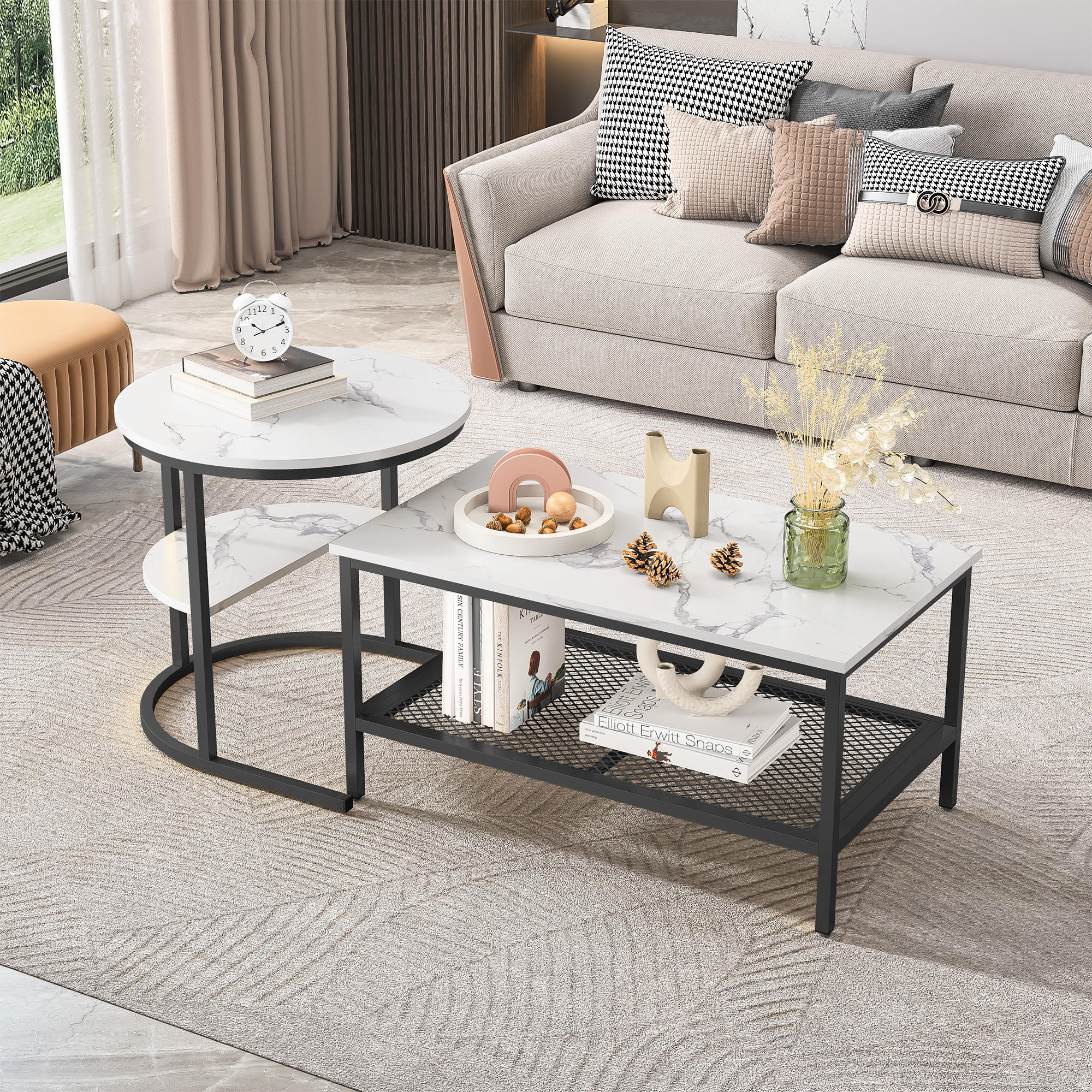 COUCHTISCH 2er SET, Weiß + Schwarz - Schwarz/Weiß, Metall (80/46/41cm)