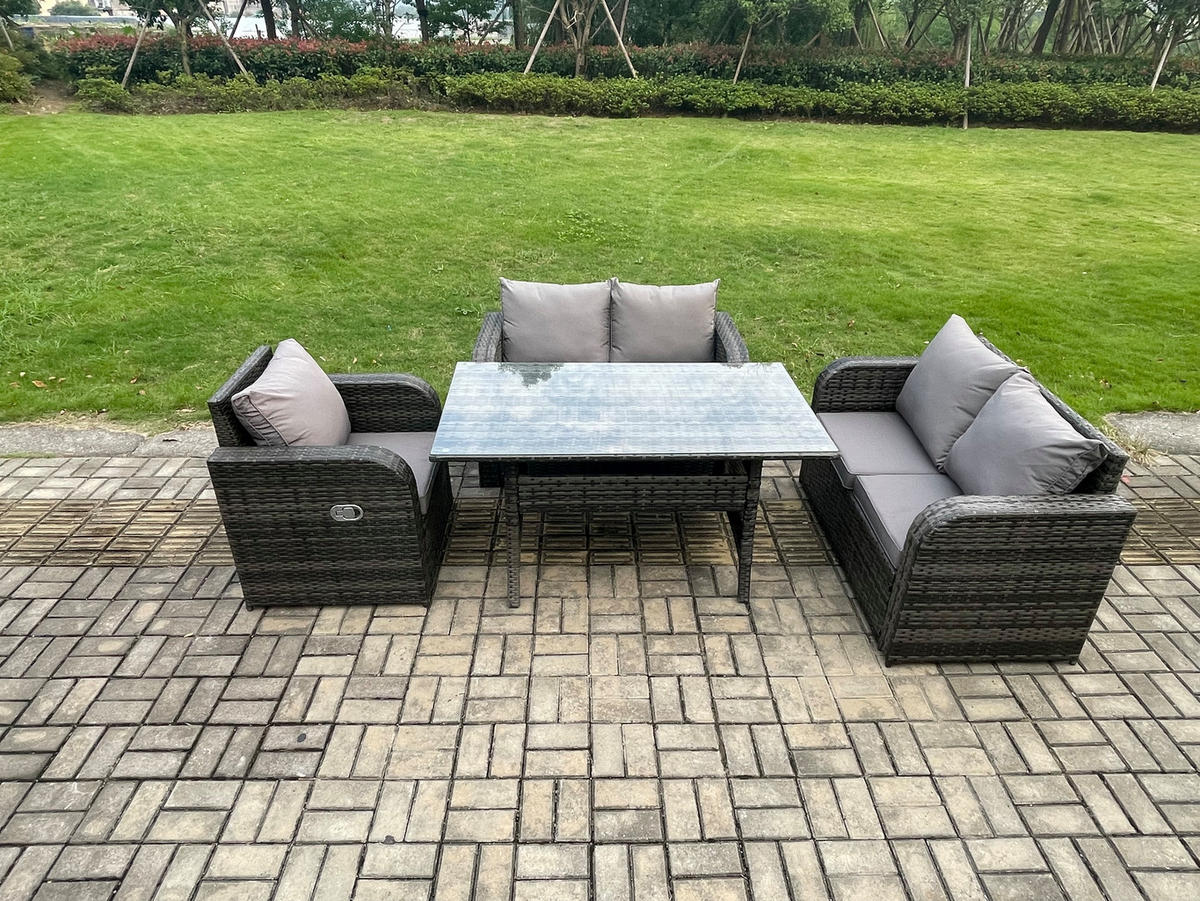 GARTENGARNITUR mit Liegestuhl,Esstisch,2 Hockern Polyrattan Dunkelgrau 5-Sitzer - Dunkelgrau/Grau, Glas/Kunststoff - Fimous