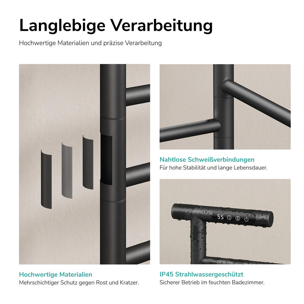 HANDTUCHHALTER elektrisch Standmodell LED Touch Display/App-Steuerung Schwarz 100/53,9 cm - Schwarz, Metall (53.9/100/35cm) - EMKE