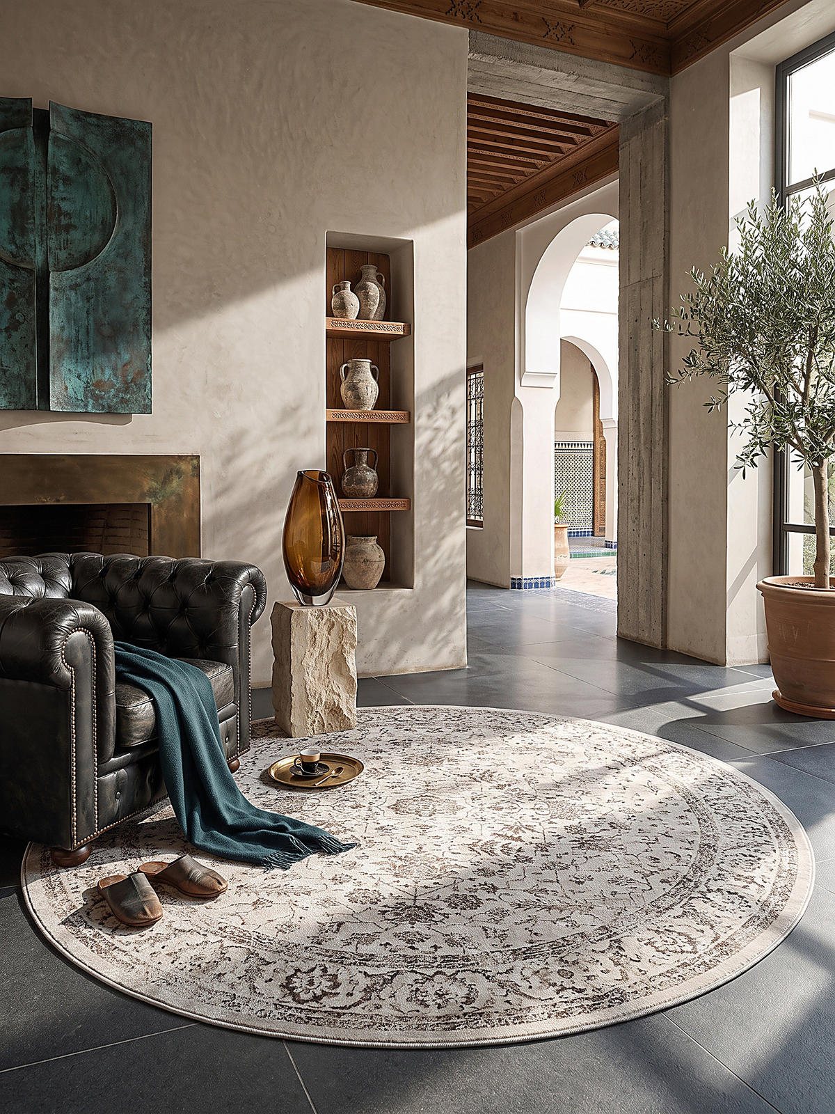 RUNDTEPPICH Orientalisch KAVALA Polyester Creme 200 x 200 cm - Beige, Textil (200/200cm) - KADIMA DESIGN