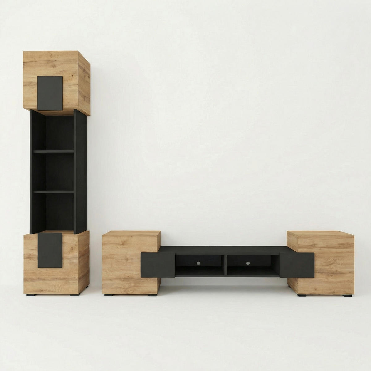 WOHNWAND TORINO Hängend + Stehend, 2-er Set, Mattes Finish, Schwarz + + Eiche Wotan - Eiche Wotan/Schwarz, Holzwerkstoff/Kunststoff (220/172/35cm) - Komodee