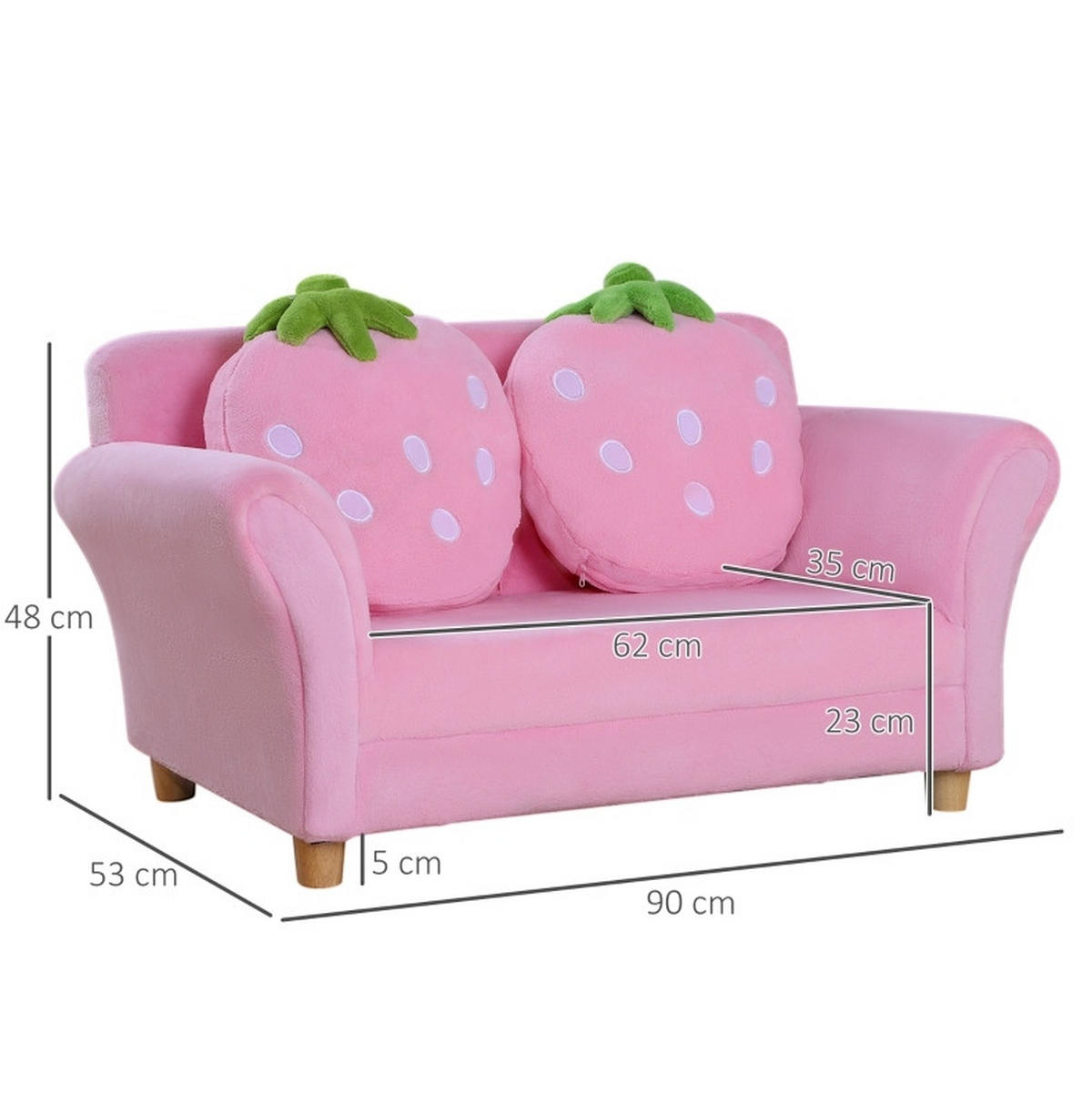 KINDERSOFA mit Holzgestell, Schaumstoffpolster, Erdbeer-Kissen 90/53/48 cm Pink - Pink, Holz (53/48/90cm) - Redom