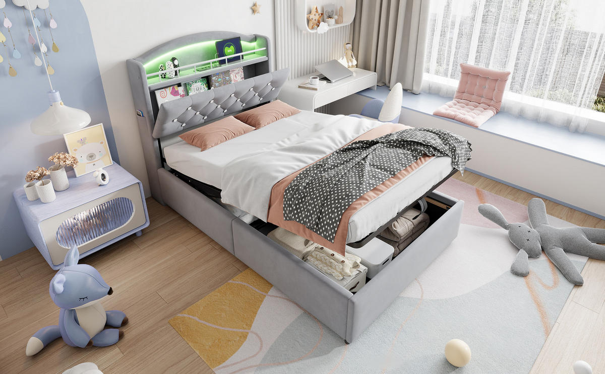 KINDERBETT 90x200 cm Samt LED USB grau - Grau, Textil (90/200cm) - LEBENLANG