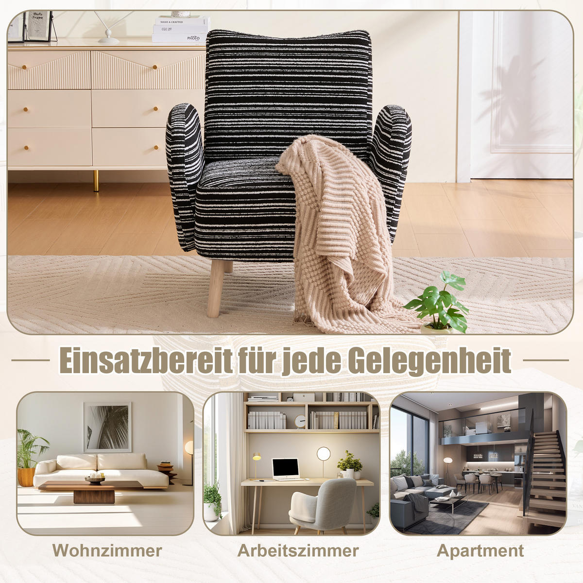 KŘESLO látka bouclé, moderní, s boční kapsou a dřevěnými nohami - černá, textil (77/87/81cm) - Urban Meuble