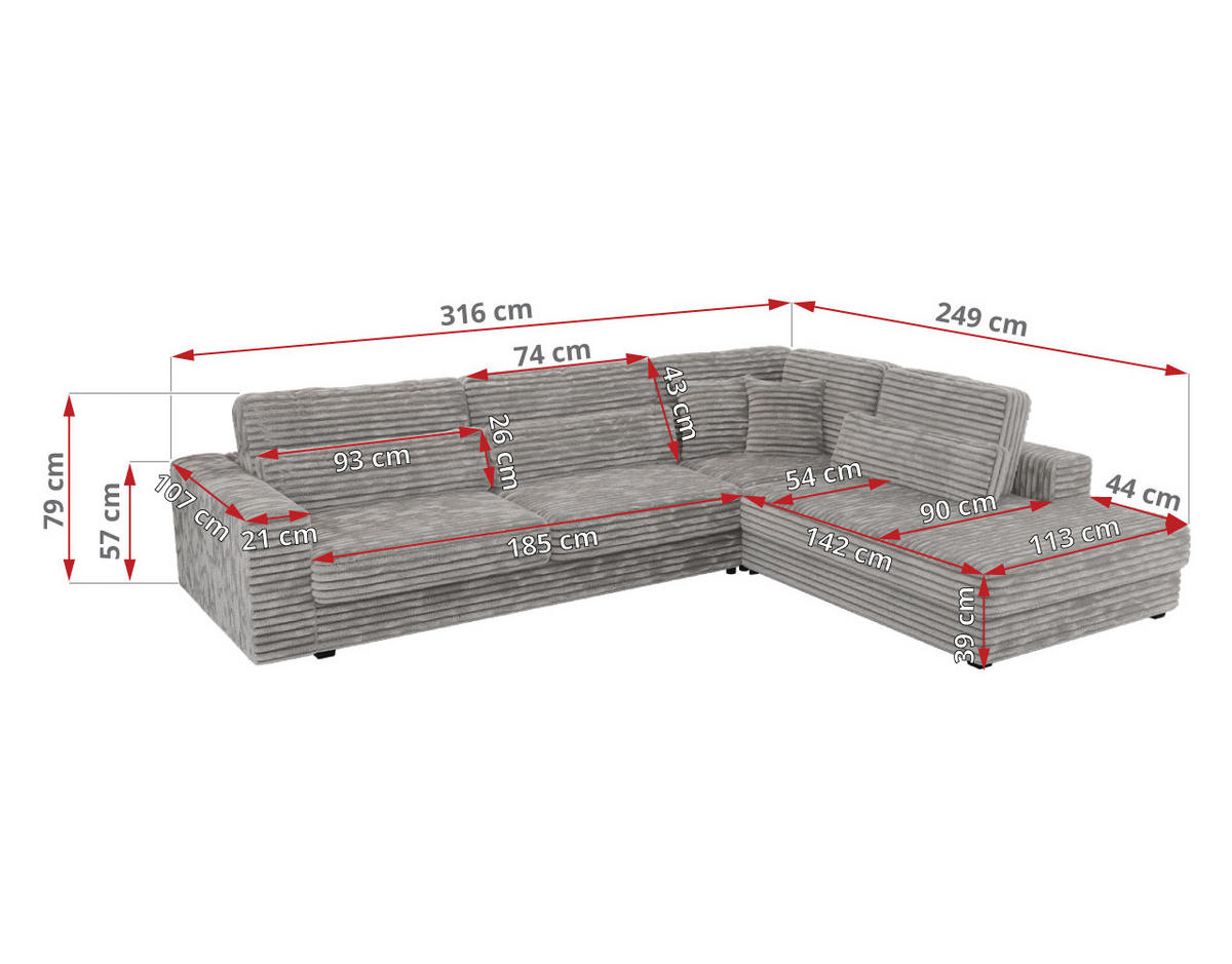 ECKSOFA Savona Hellgrau breiter Cord - links - Hellgrau/Schwarz, Kunststoff/Textil (316/249cm) - MKS