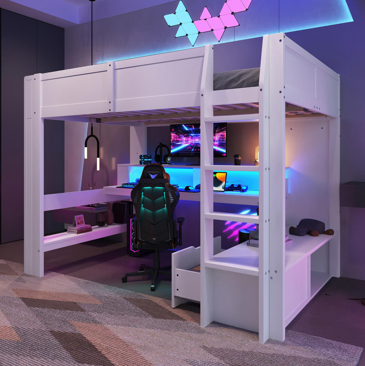 HOCHBETT 140/200 cm weiß Gaming Bett mit Schreibtisch und LED-Beleuchtung - Weiß, Holz (140/200cm) - OKWISH