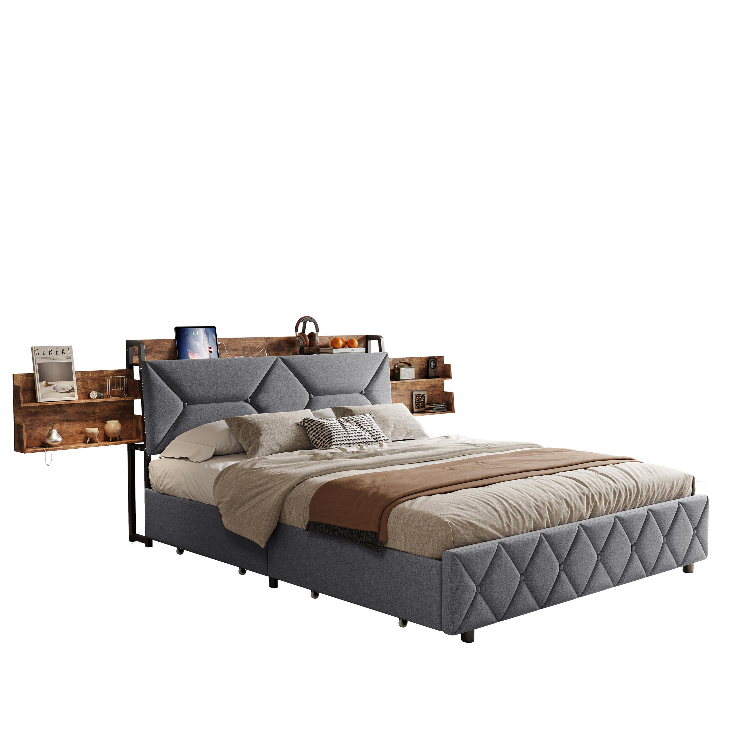 POLSTERBETT 160x200 cm mit USB, 4 Schubladen, Leinen, Grau - Grau, Holz (160/200cm)