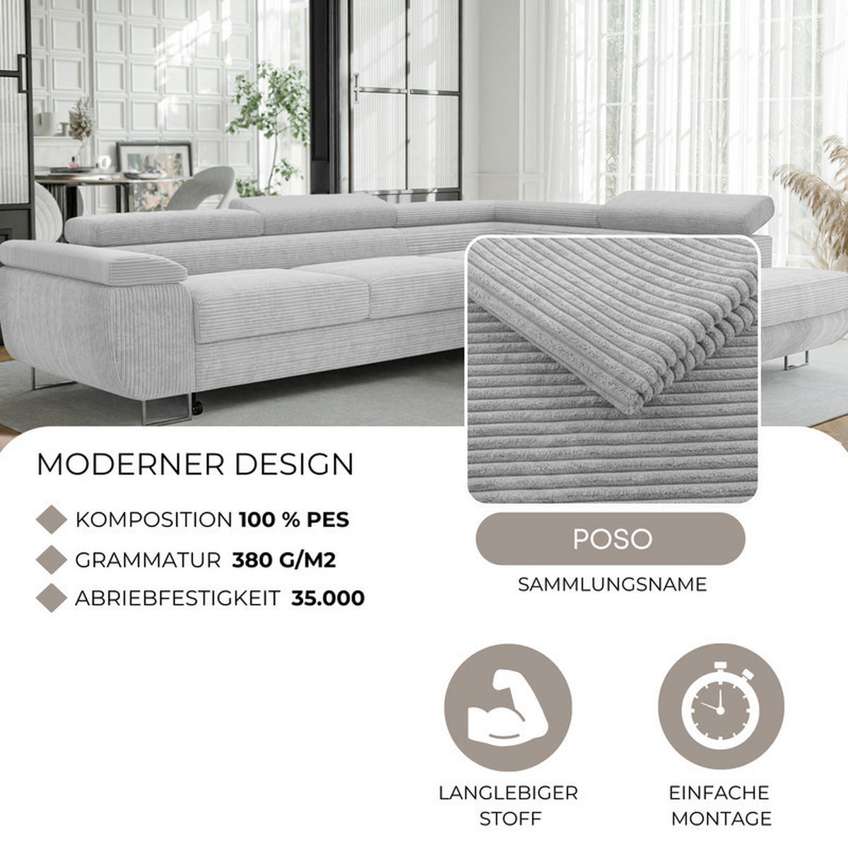 ECKSOFA ANTON mit Schlaffunktion und Bettkasten Hellgrau - Hellgrau, Holzwerkstoff/Kunststoff (274/203cm) - Idohome