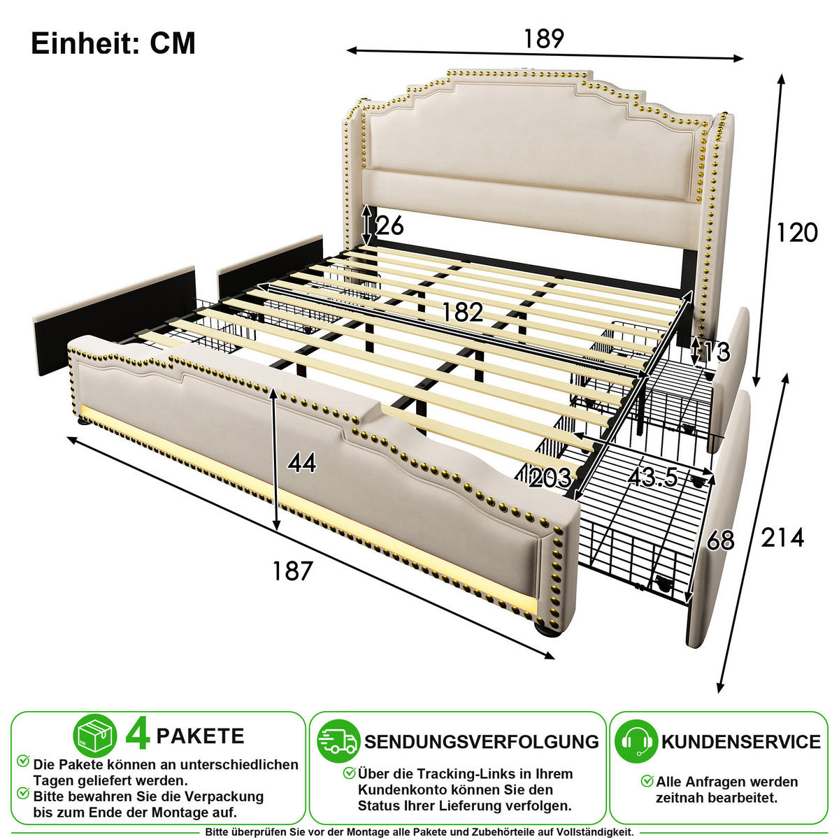 POLSTERBETT 180/200 cm in Beige Samt mit 4 Schubladen, LED, USB und Type-C - Beige, Holzwerkstoff/Textil (180/200cm) - CHICFURN