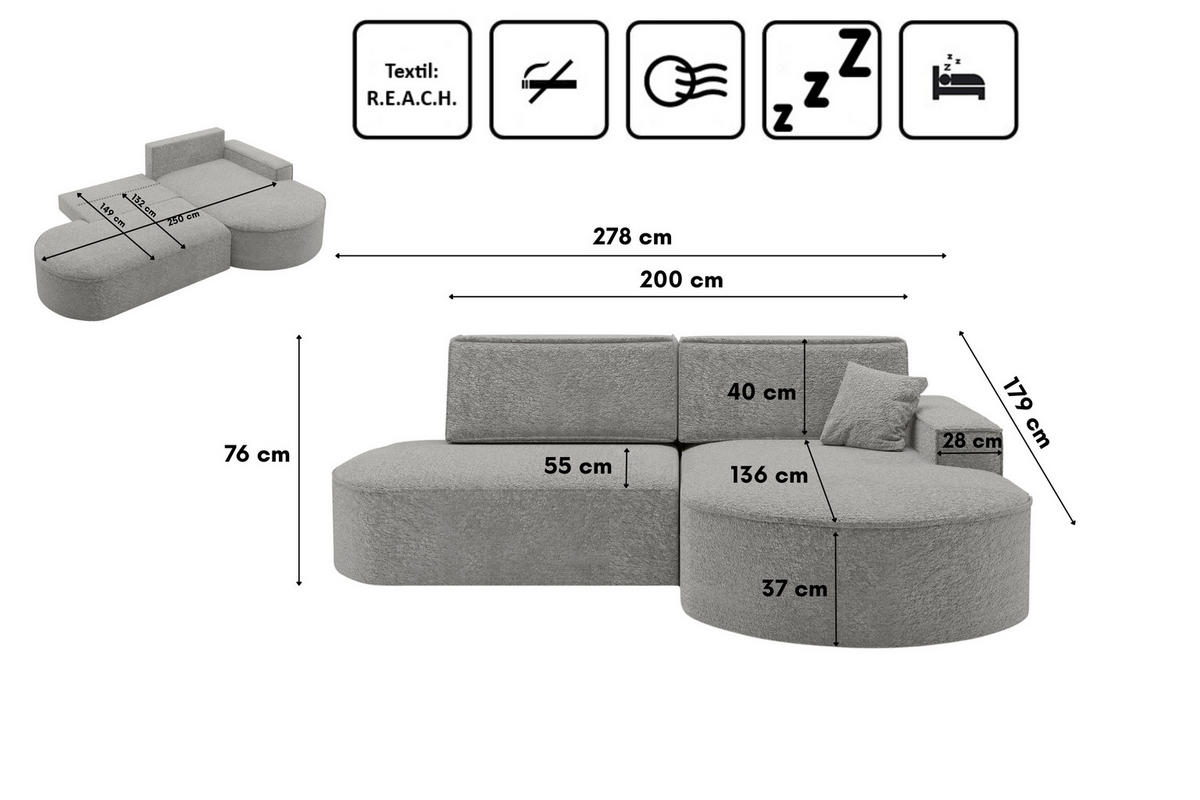 ECKSOFA Modena Pro - Komfort Und Stil stoff Arena Grau Rechts - Grau, Holz (278/179cm) - Kaiser Möbel
