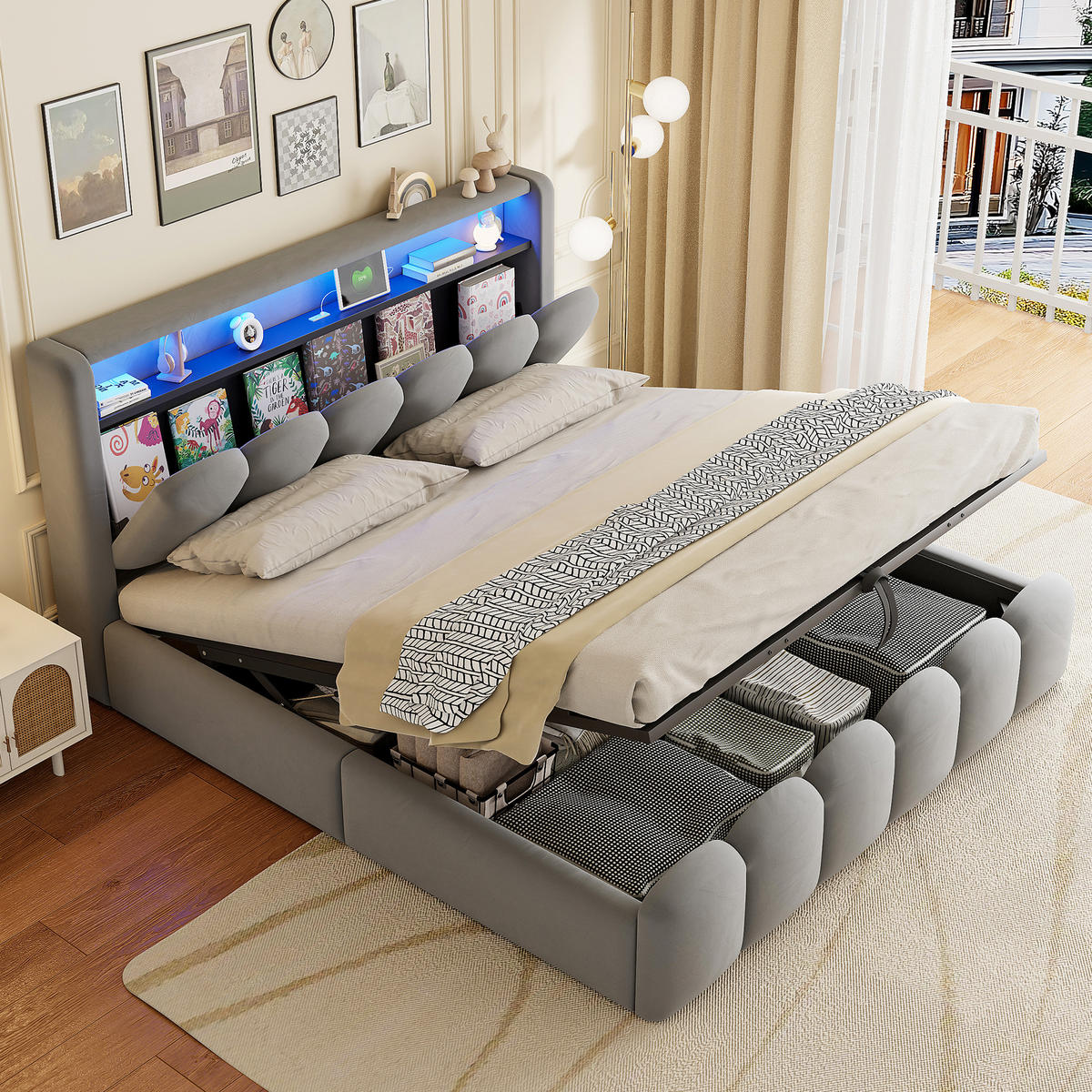 POLSTERBETT 180x200 cm LED USB Stauraum grau - Grau, Textil (180/200cm) - LEBENLANG