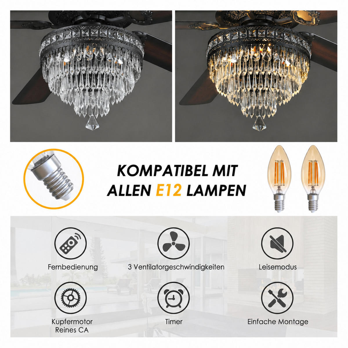 DECKENVENTILATOR Schwarz 132 cm mit Kristallleuchte und Fernbedienung - Schwarz, Metall (157.5/157.5/64.5cm) - Surtime