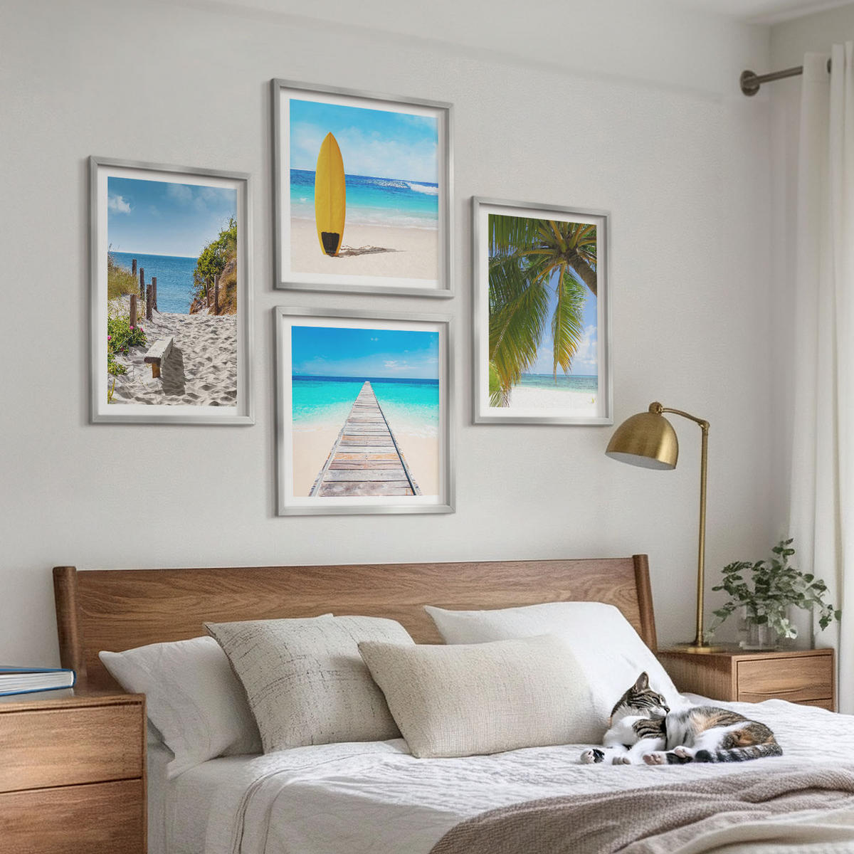 BILDER SET 4er Set - 50x50 cm & 40x60 cm Silberner Rahmen - Urlaubsblick Strand Palmen - Silberfarben, Kunststoff (50/50cm) - TULUP