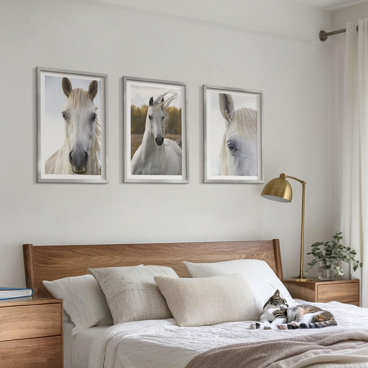 WANDBILDER 3er Set - 40x60 cm Silberner Rahmen - Weiße Pferde in der Natur - Silberfarben, Kunststoff (40/60cm) - ArtPrintCave