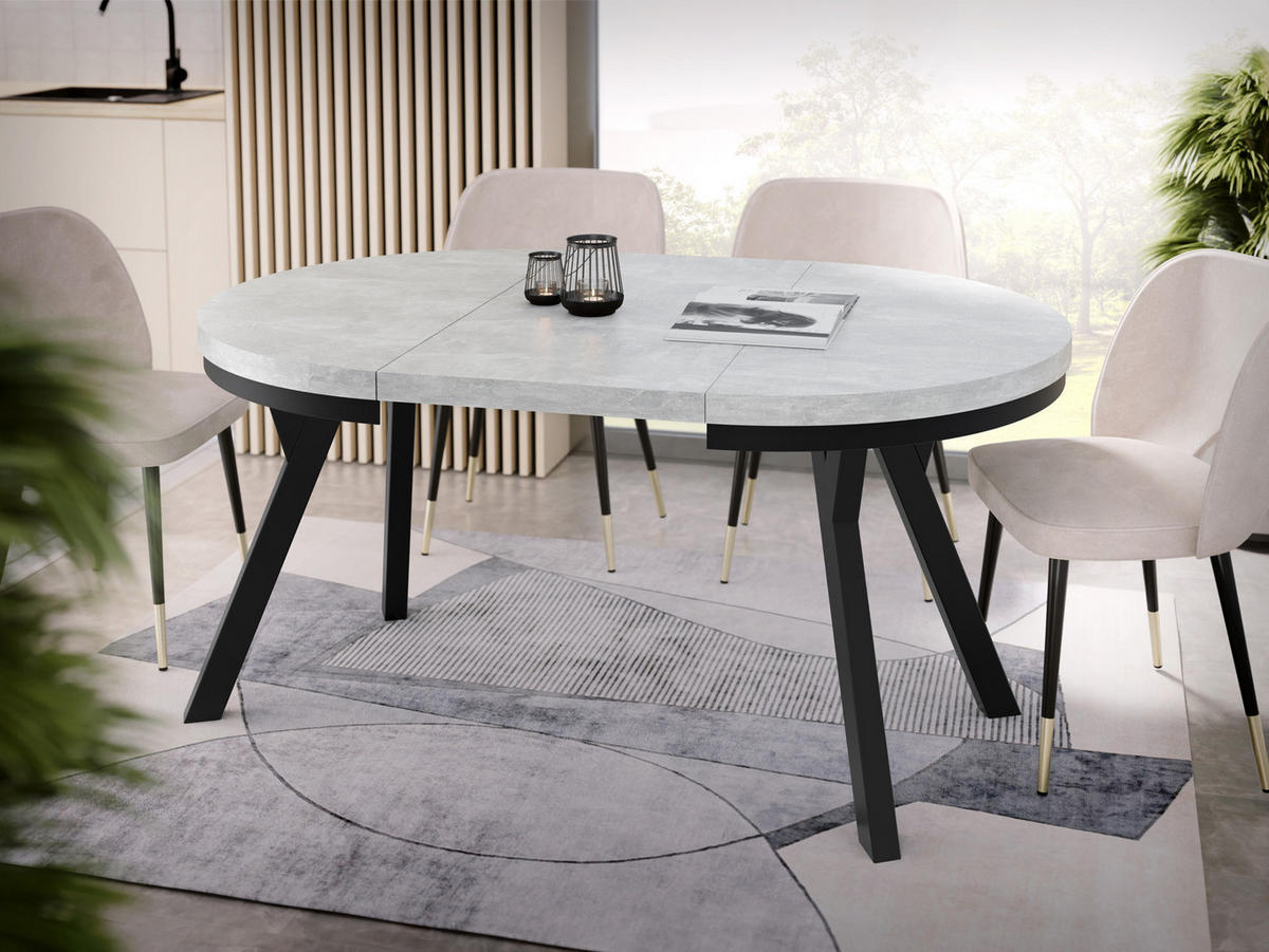 ESSTISCH Lume runder ausziehbarer, Grauer Beton 100-150/100/76 cm - Hellgrau/Schwarz, Holz/Holzwerkstoff (100/100/76cm) - WFL GROUP