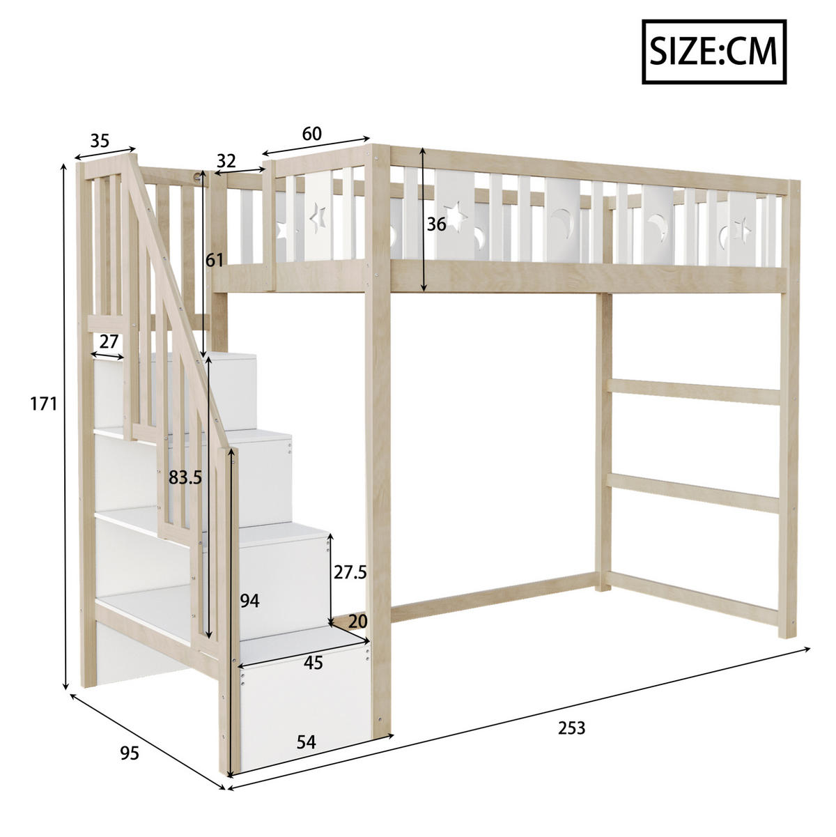 HOCHBETT 90/200 cm weiß/natur aus Massivholz mit Treppe und Regal - Naturfarben, Holzwerkstoff (90/200cm) - OKWISH