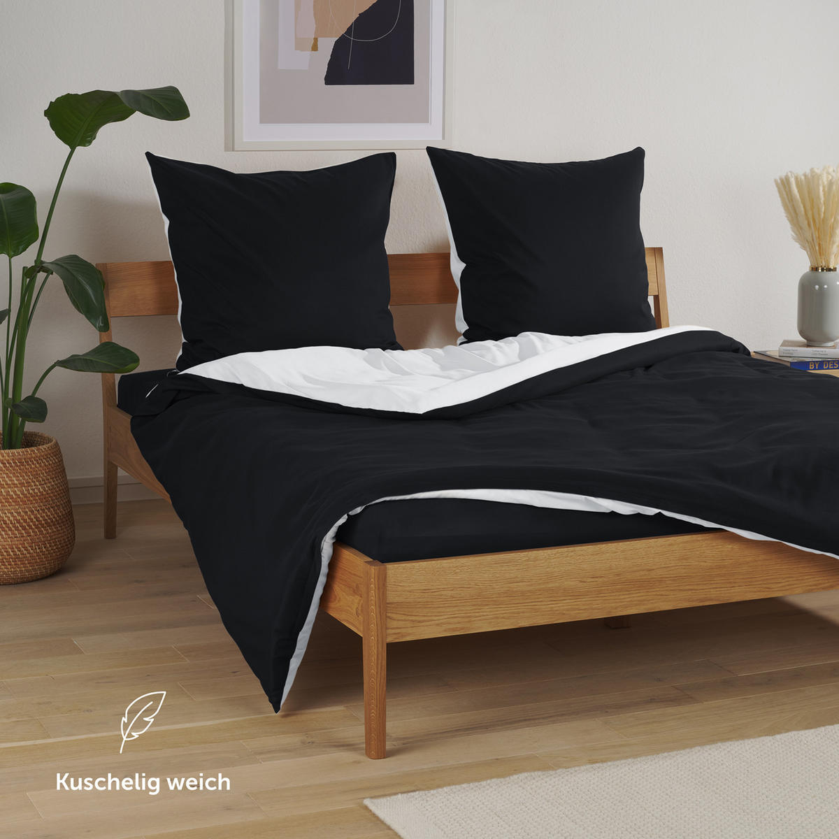 WENDEBETTWÄSCHE Ebba 155/200 cm 2 mal 80/80 cm, Schwarz und Weiß - Schwarz/Weiß, Textil (155/200cm) - Blumtal