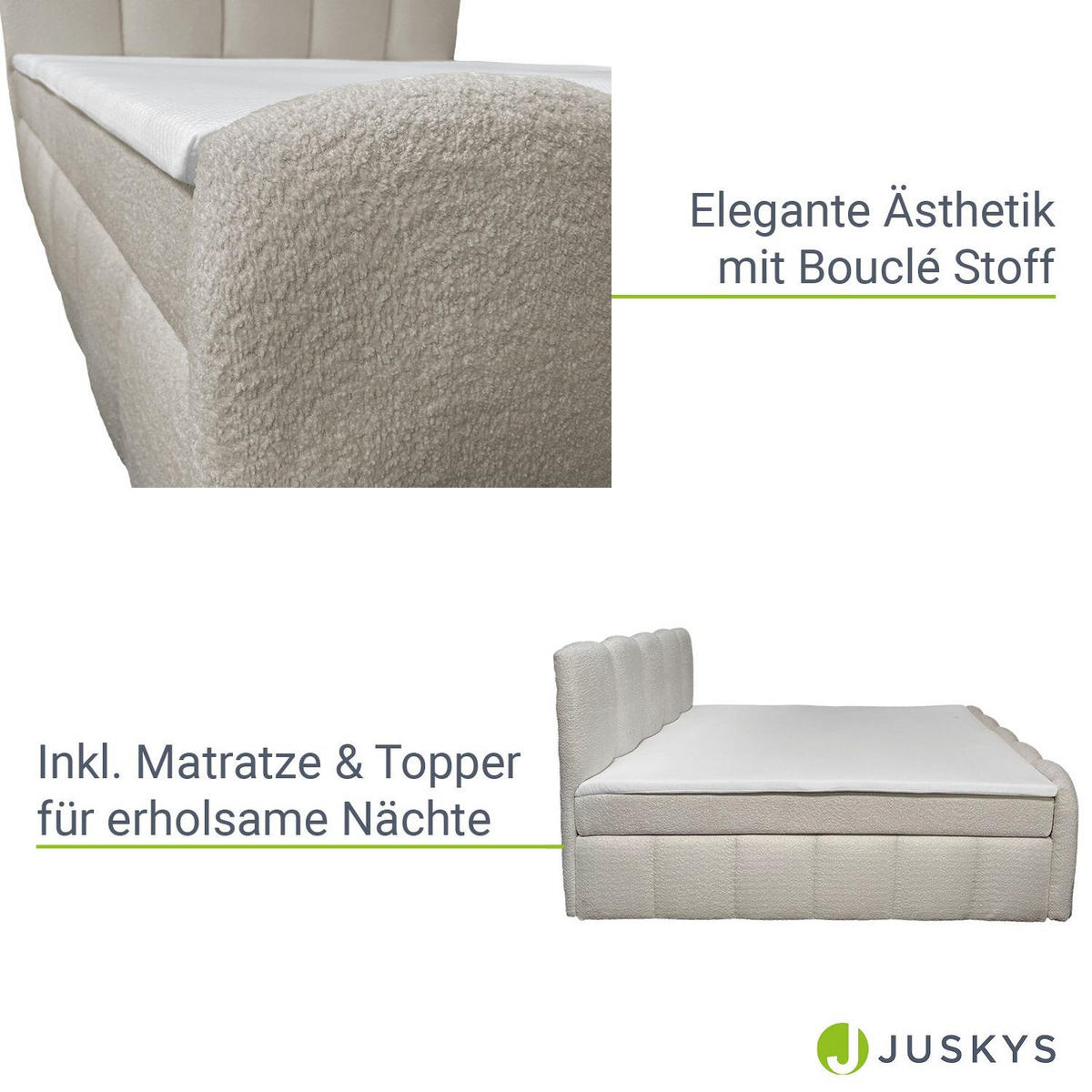 BOXBETT Manitoba 180/200 cm Bouclé Beige mit Bettkasten - Beige, Textil (180/200cm) - Juskys