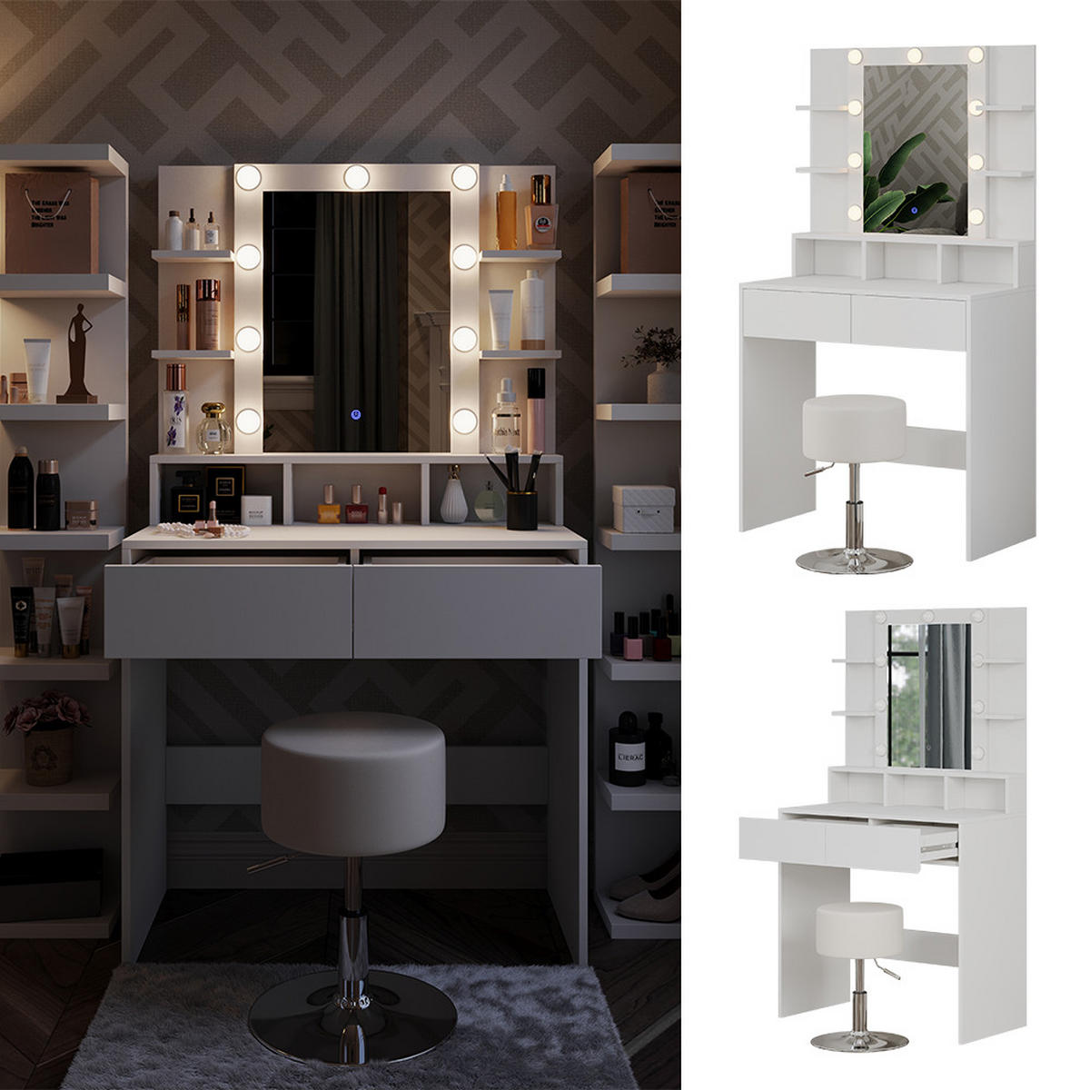 SCHMINKTISCH Taylor Weiß 80 cm mit LED Beleuchtung und Hocker - Weiß, Holzwerkstoff (80/146.5/40cm) - Vicco
