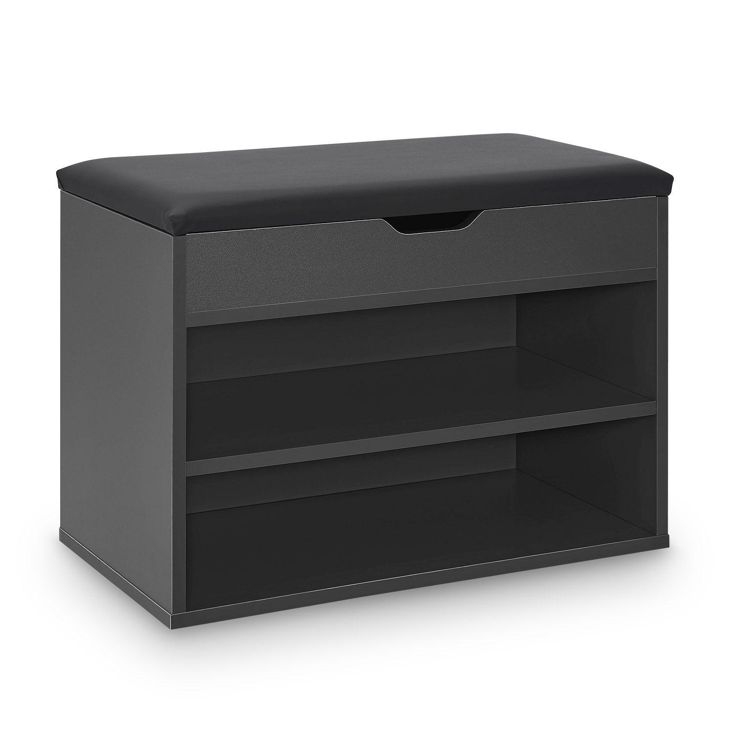 SCHUHREGAL grau mit Klappdeckel und gepolstertem Sitz 60 x 30 x 44 cm - Dunkelgrau, Holz (30/44/60cm) - Juskys