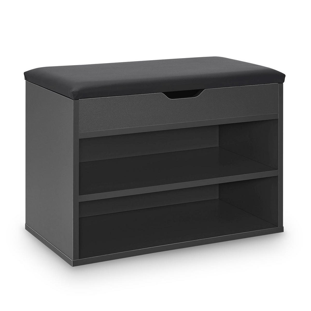 SCHUHREGAL grau mit Klappdeckel und gepolstertem Sitz 60 x 30 x 44 cm - Dunkelgrau, Holz (30/44/60cm) - Juskys