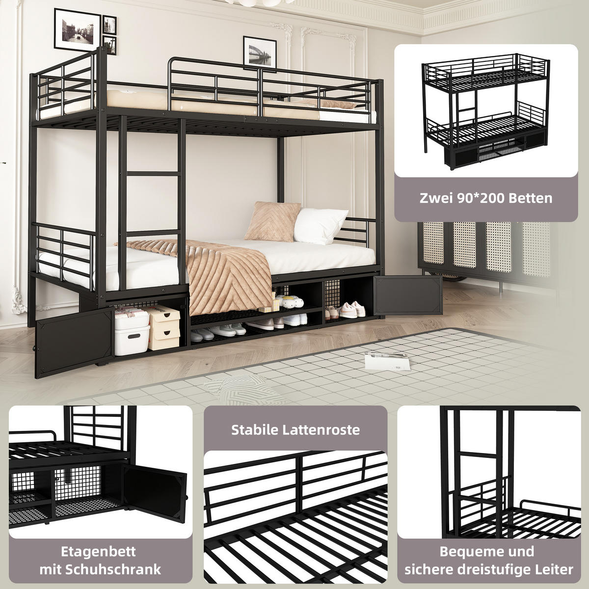 ETAGENBETT 90/200 cm & 90/200 cm in Schwarz mit Leiter, Schuhregal und 2 Schränken Metall - Schwarz, Metall (90/200cm) - CHICFURN
