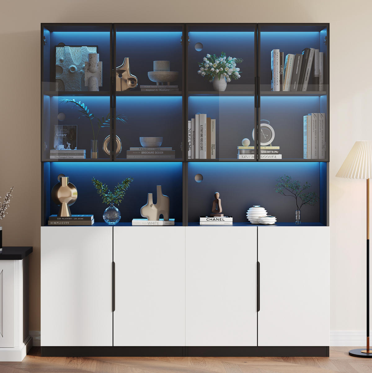 VITRINE aus Spanplatte 160x30x200 cm Weiß mit schwarzer Dekorleiste, LED-Beleuchtung, Glastüren und verstellbarem Einlegeboden - Weiß, Holzwerkstoff (30/200/160cm) - Modfu