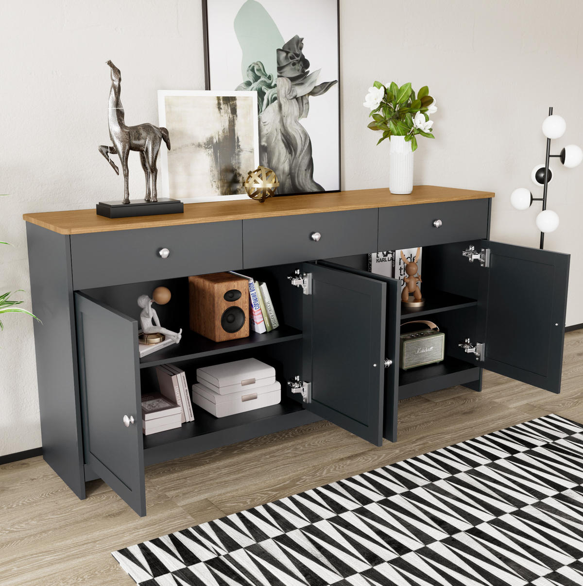 KOMODA 160 cm, MDF, černá a šedá s dekorem dřeva, rustikální - černá, kompozitní dřevo (160/75/37cm) - BEAOK
