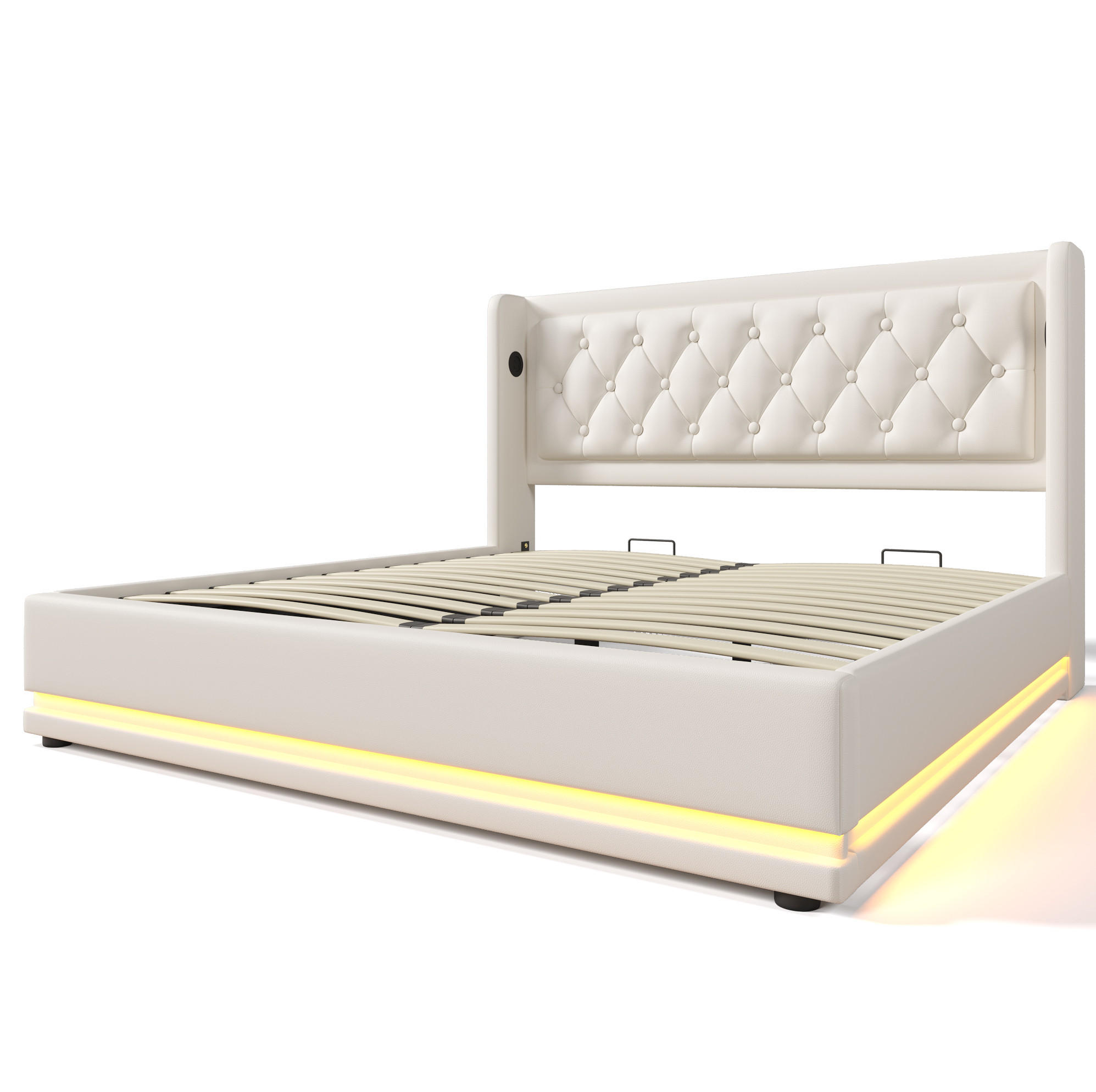 Modfu ČALOUNĚNÁ postel z PU 140x200 cm bílá s hydraulickým úložným prostorem, LED osvětlením a USB-C nabíjením