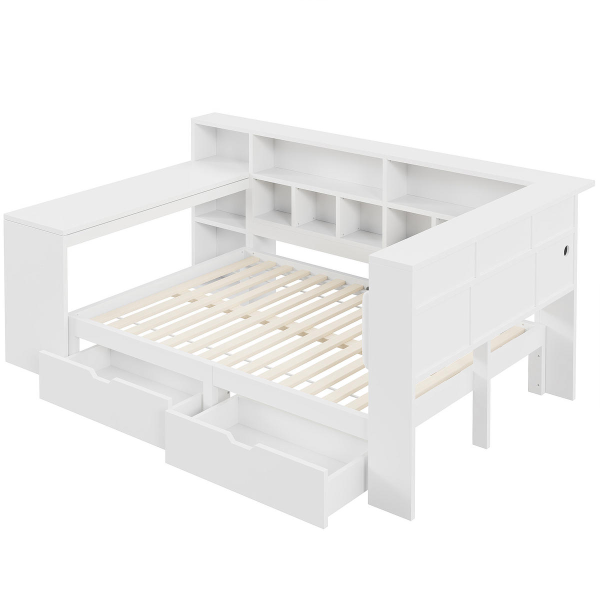 BETT 140/200 cm in Weiß mit Schubladen, LED und Schreibtisch - Weiß, Holzwerkstoff/Textil (140/200cm) - WISHDOR