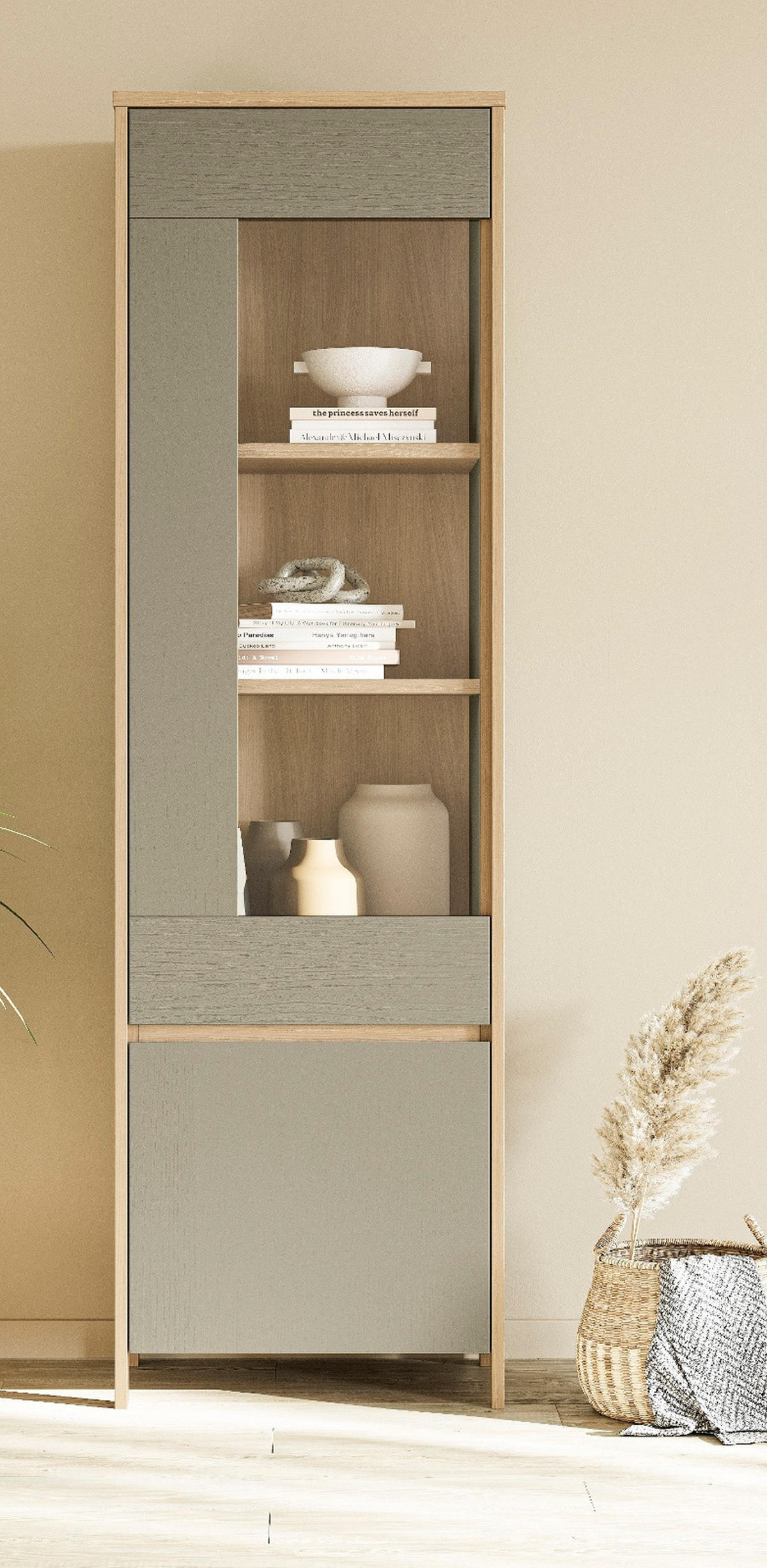 VITRINE Salbei grün, Eiche 58 cm, Vitrinenschrank mit Soft-Close - Salbeigrün/Eichefarben, Glas/Holzwerkstoff (58/195/39cm) - Furn.Design