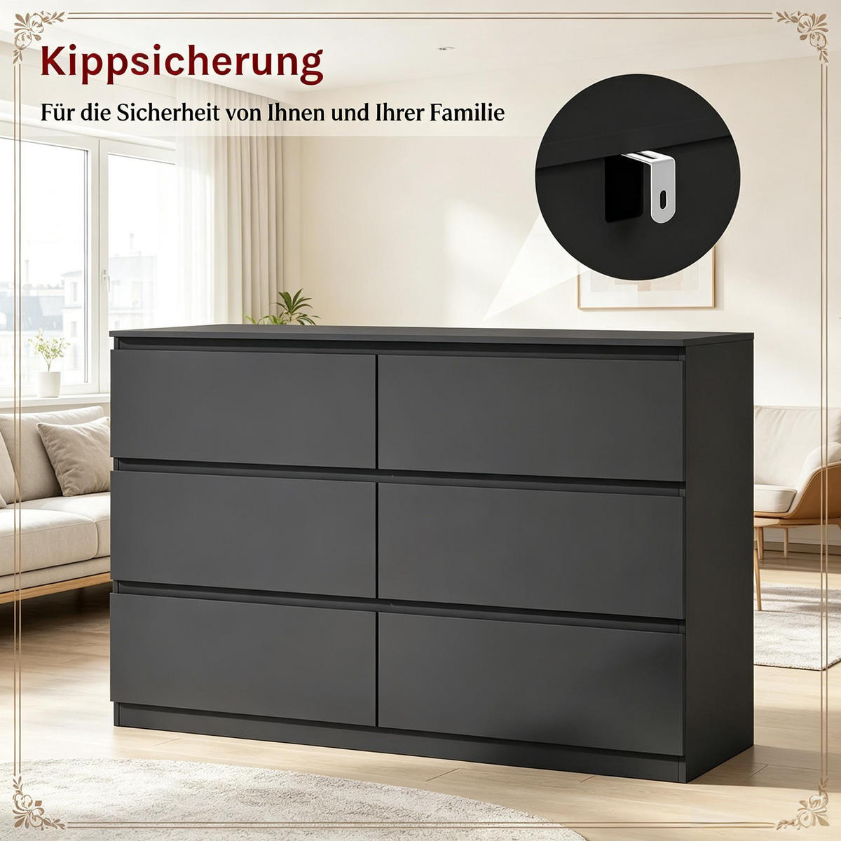 KOMMODE DE-38088 120/40/75 cm mit 6 Schubladen Schwarz - Schwarz, Holzwerkstoff (120/75/40cm) - ComfortXL