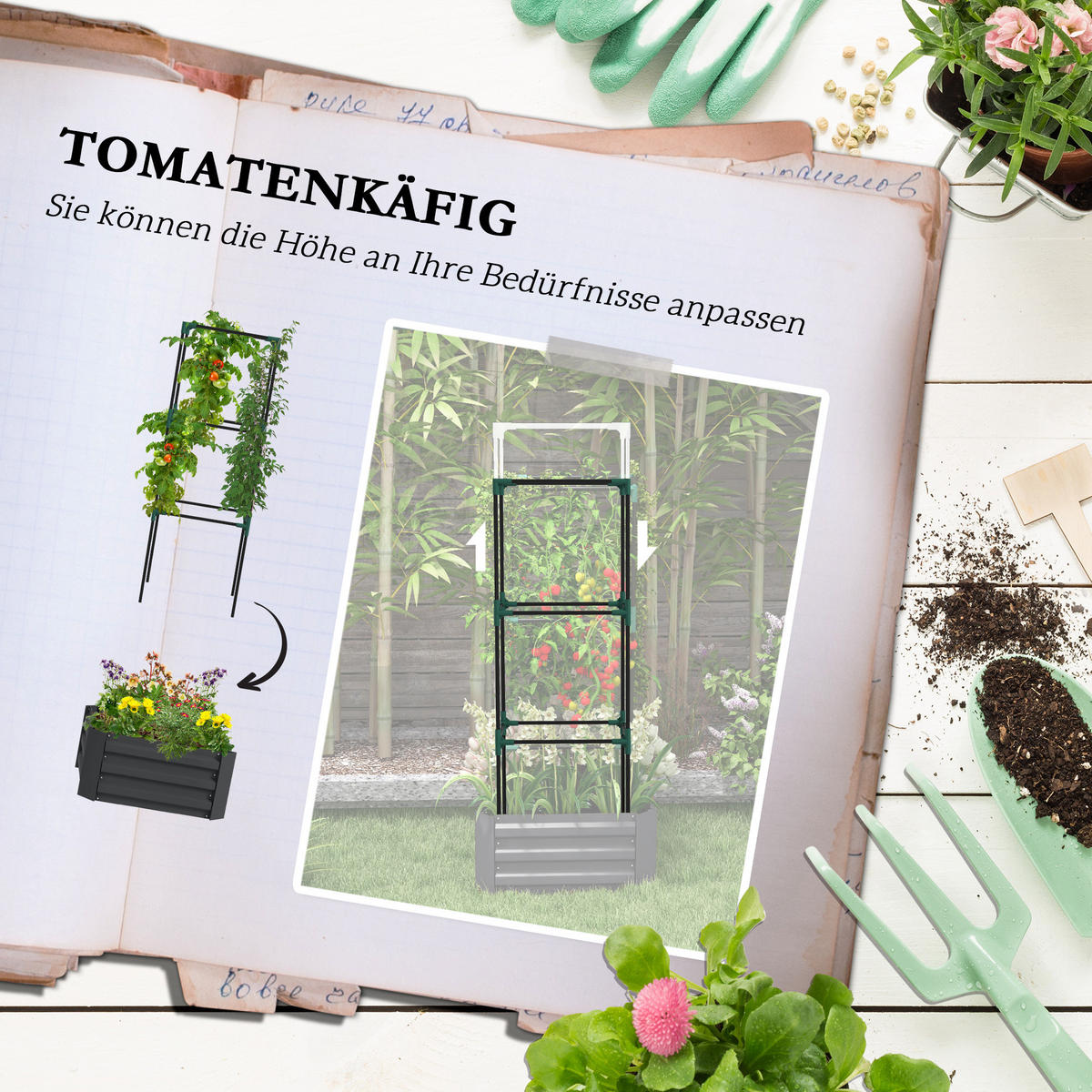 HOCHBEET mit Rankhilfe offenem Boden, Gemüsebeet für Garten - Dunkelgrau, Metall (61/140/61cm) - Outsunny