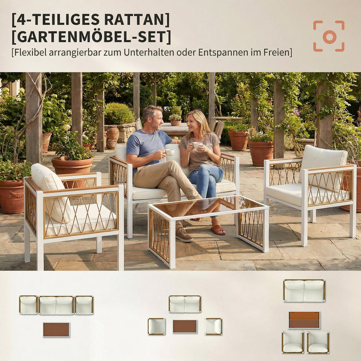 RATTAN-GARTENMÖBEL-SET 4er Set Metall PE-Rattan Cremeweiß - Creme/Braun, Textil/Metall - Outsunny