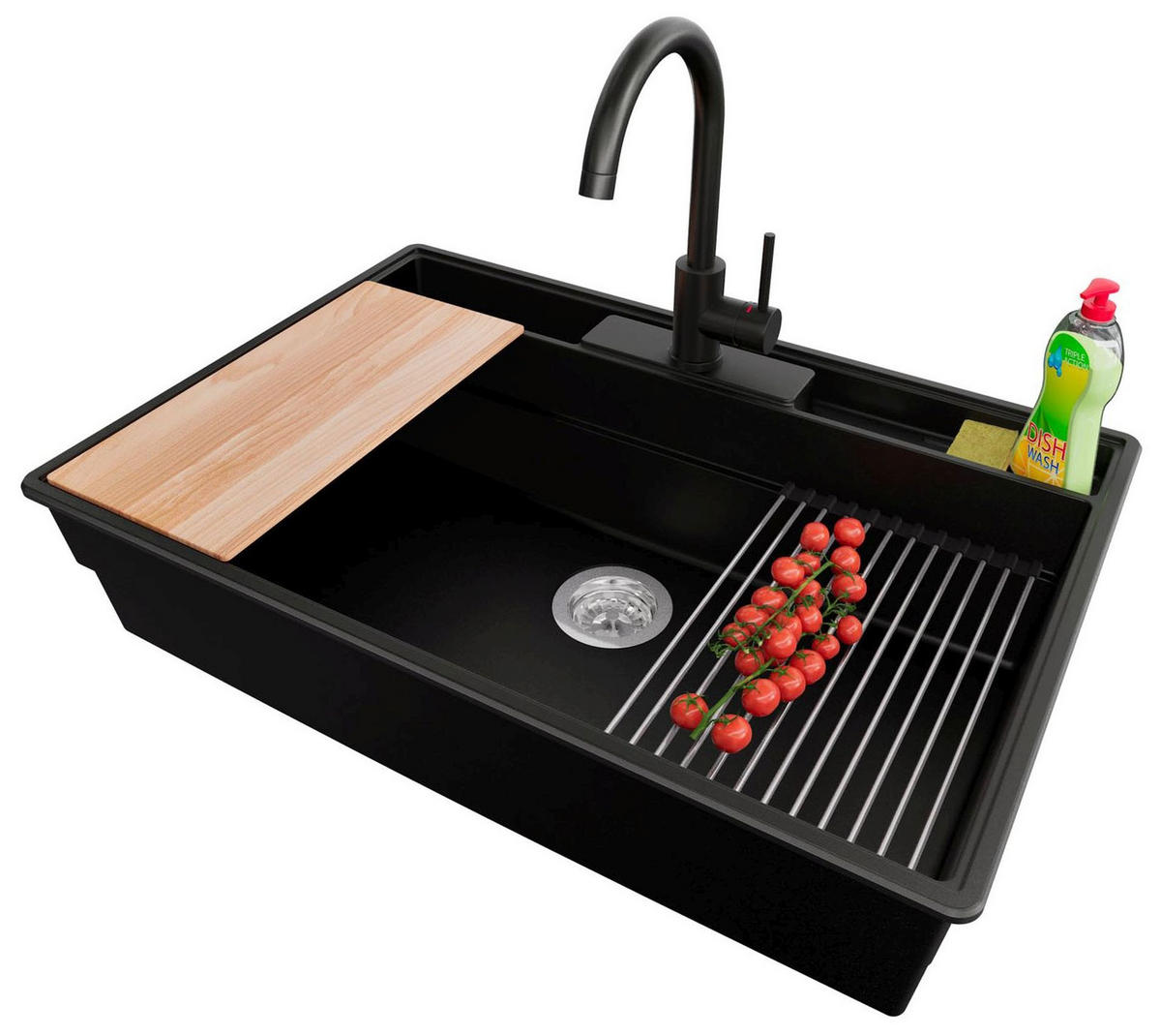 GRANITSPÜLE New York, 2-er set Schwarz 78/53 cm 1 Becken + Küchenarmatur 32/20 cm + Ablauf-Set + Küchenzubehörset ab 80er Unterschrank - Chromfarben/Beige, Kunststoff (78/20/53cm) - Primagran