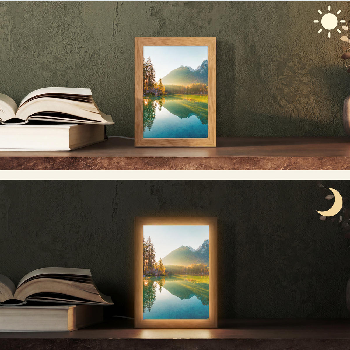 TISCHLEUCHTE See - Wald - Berge - Natur - Sonne - Landschaft 15x20 cm - Currygelb, Holzwerkstoff (8/15/20cm) - OnlyWow