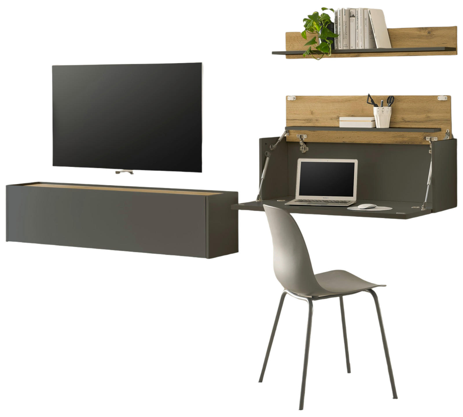 WOHNWAND grau matt, Eiche Wotan 270 cm, Wohnkombination hängend mit Sekretär - Eiche Wotan/Grau, Holzwerkstoff/Metall (270/170/30cm) - Furn.Design