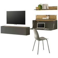 WOHNWAND grau matt, Eiche Wotan 270 cm, Wohnkombination hängend mit Sekretär - Eiche Wotan/Grau, Holzwerkstoff/Metall (270/170/30cm) - Furn.Design