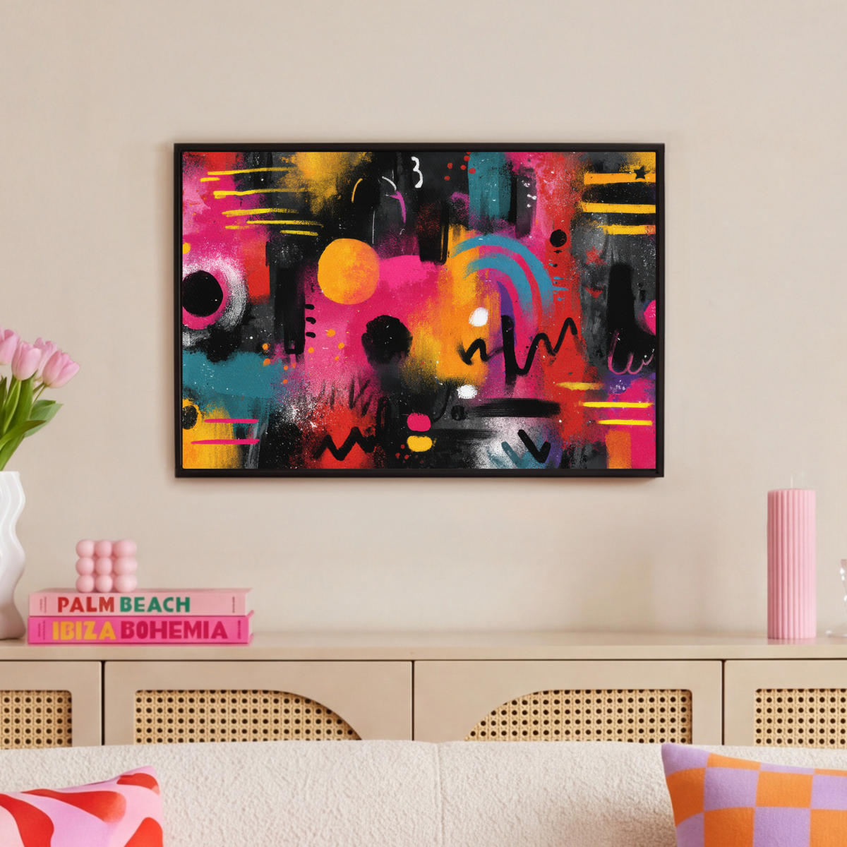 LEINWAND Bilder mit Rahmen - Farbflächen - Formen - Bunt - Abstrakt - 60x40 - Pink, Textil (60/40cm) - MuchoWow