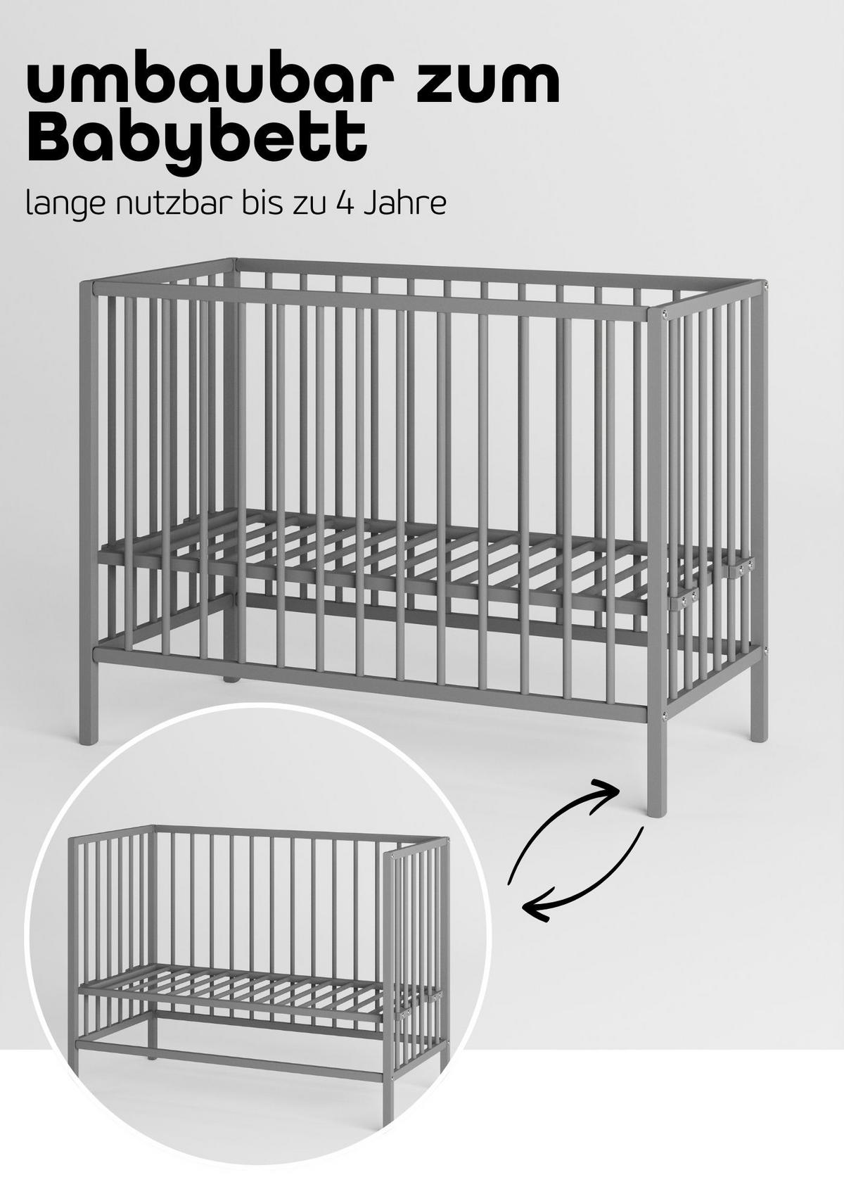 BEISTELLBETT mit Umbauseite - grau - Dreamy 4 in 1 Bett - Grau, Holz (120/90/60cm) - Sämann – make a difference.