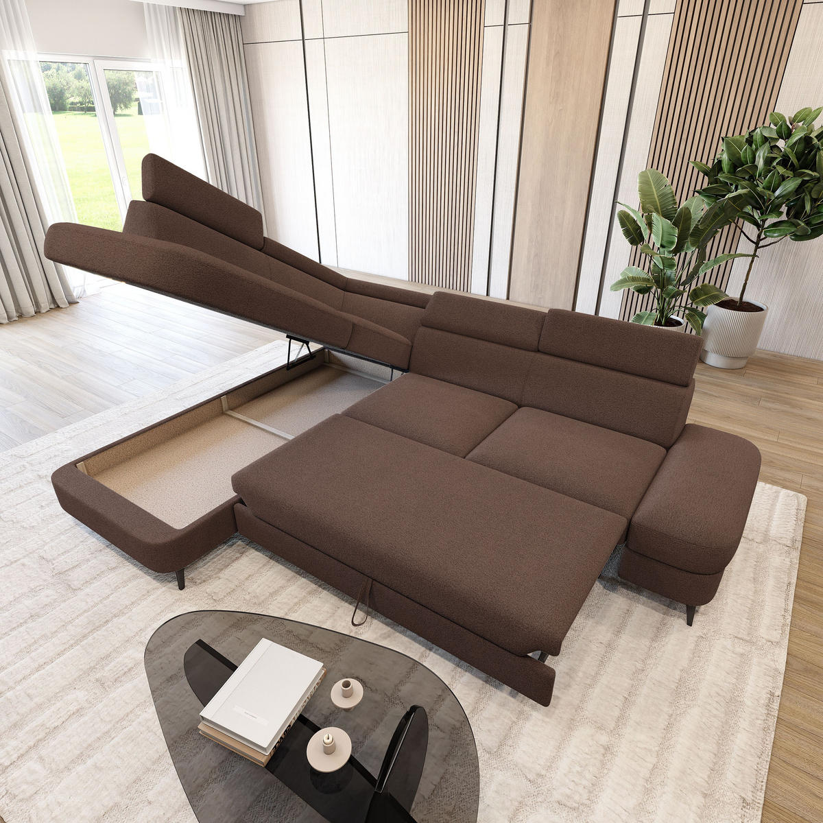 ECKSOFA AVISE Q L-S Braun Boucle-Stoff mit Schlaffunktion - Braun, Holzwerkstoff/Textil (268/195cm) - MASSENO