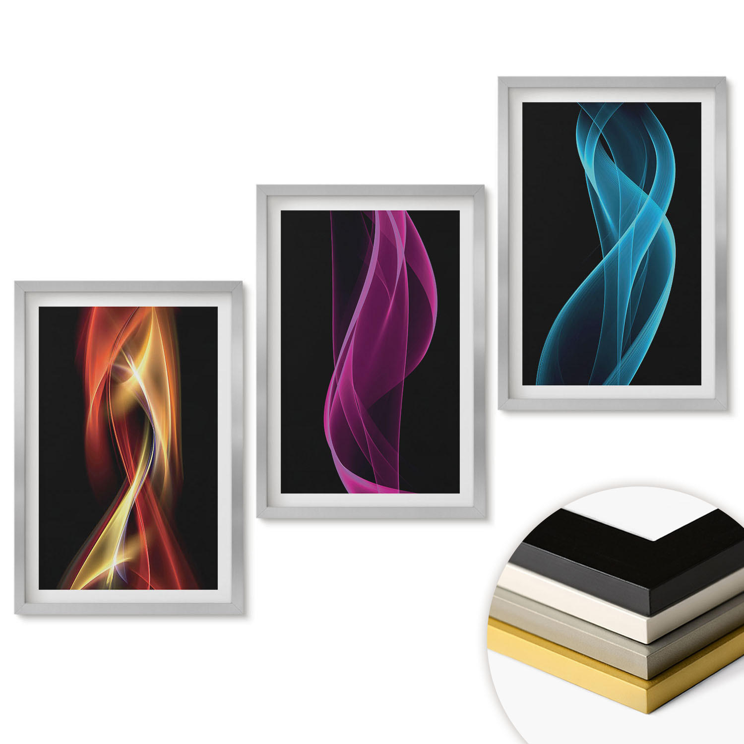 WANDBILDER 3er Set - 40x60 cm Silberner Rahmen - Neonwellenlinien auf dunklem Hintergrund - Silberfarben, Kunststoff (40/60cm) - ArtPrintCave