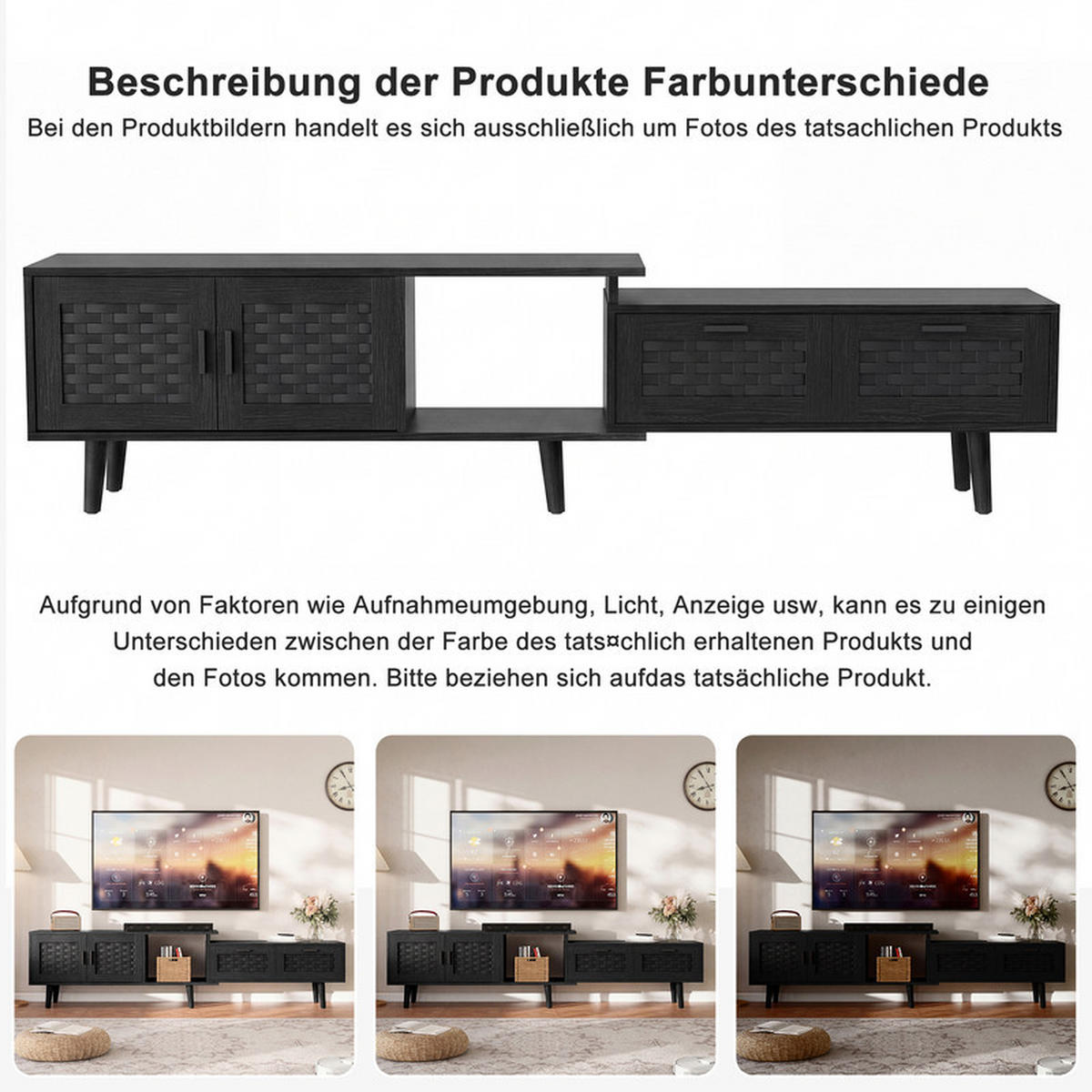 LOWBOARD, mit Rattantüren, mit 2 Schubladen und 2 Türen, 146-180x30x44cm Ausziehbarer - Schwarz, Holz (29.8/44/146cm) - WoodenAura